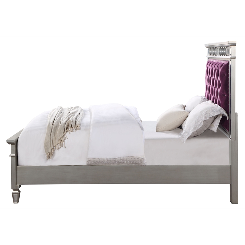 ACME Varian Tufted Velvet Upholstery Twin Bed in Burgundy and Silver