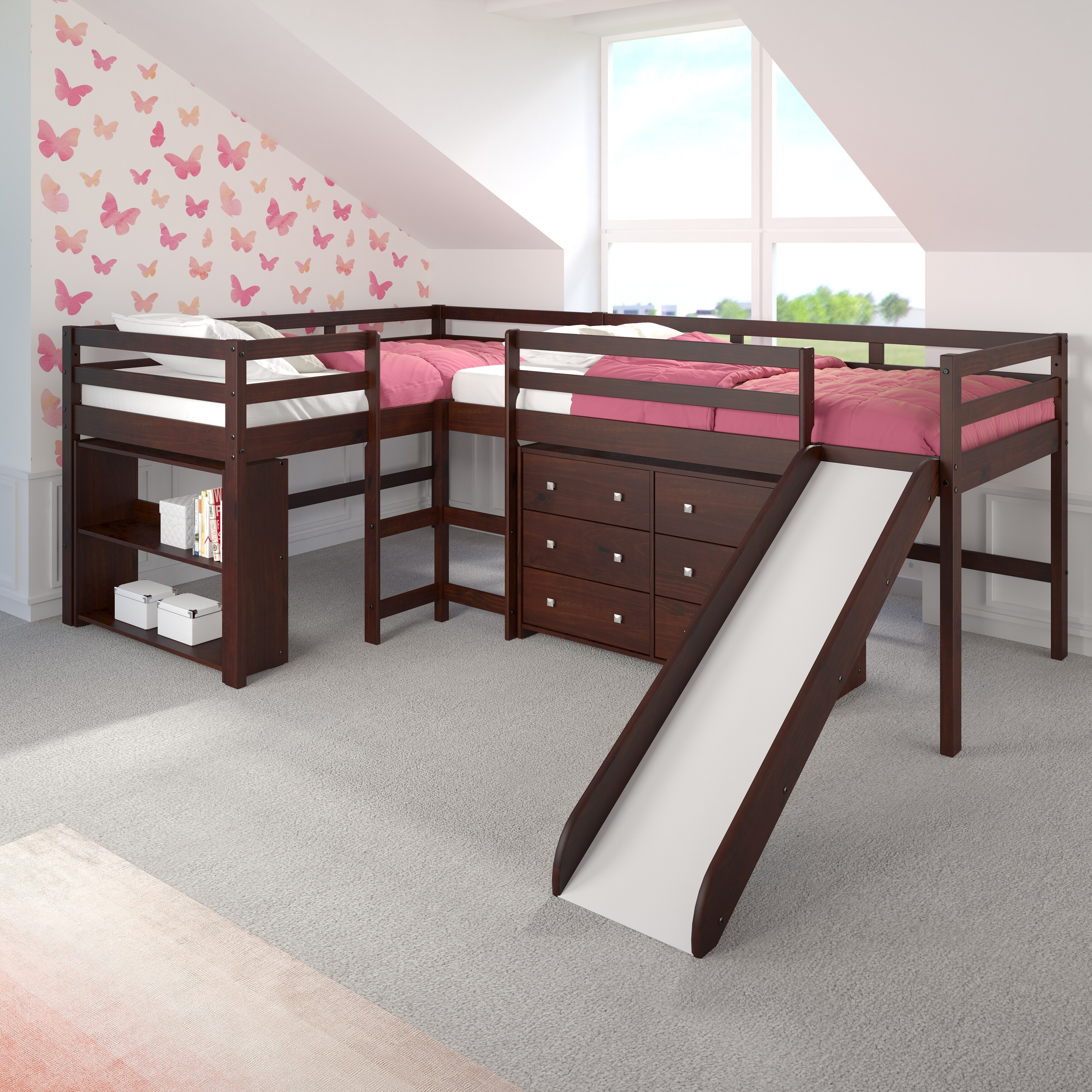 Double Twin L-Shaped Slide Loft Bedroom Set in Dark Cappuccino With 6 Drawer Chest and 2 Bookcases Dresser and Two Bookcases Cappuccino Finish