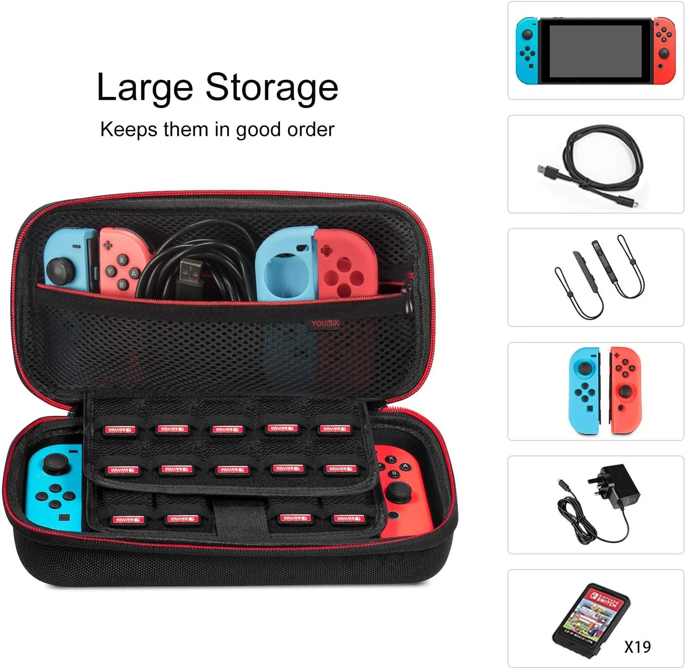 Switch Carrying Case with 2 Pack Screen Protector, Younik Switch Travel Case Protective Hard Shell Pouch Switch Case for Nintendo Switch Console & Accessories Holds 19 Game Cartridge, Black
