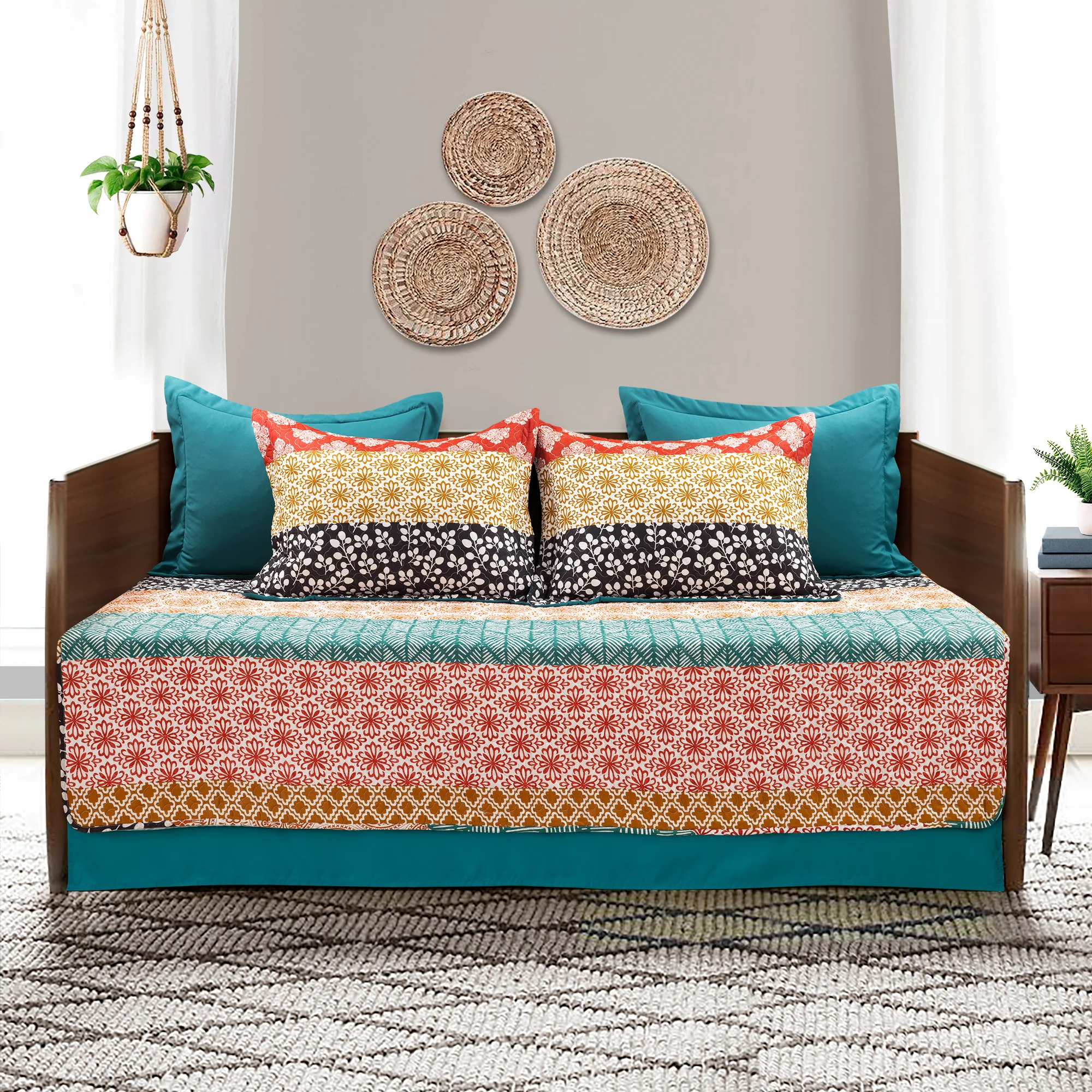 Lush Decor Bohemian Stripe Quilted Cotton Daybed Cover Turquoise/Orange - 6 Piece Set
