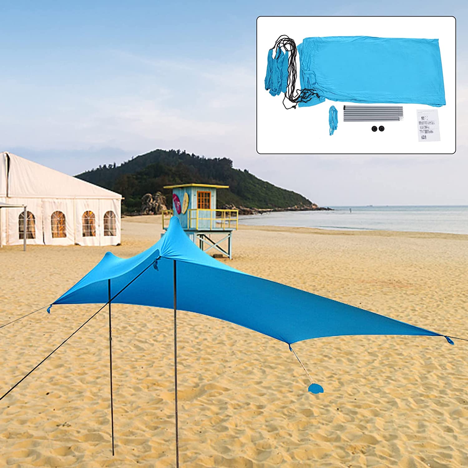 Miumaeov 10FT Beach Shade Tent Sunshade Family Tent Shelter Canopy Awning UV Blue