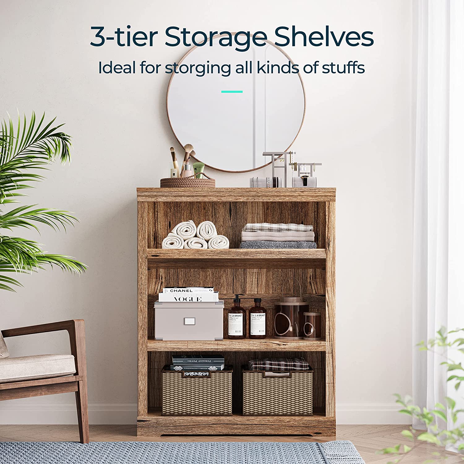 3-Tier Bookcase Display Storage Shelves Farmhouse Bookshelf for Home Office, Living Room, Bed Room - Dark Brown