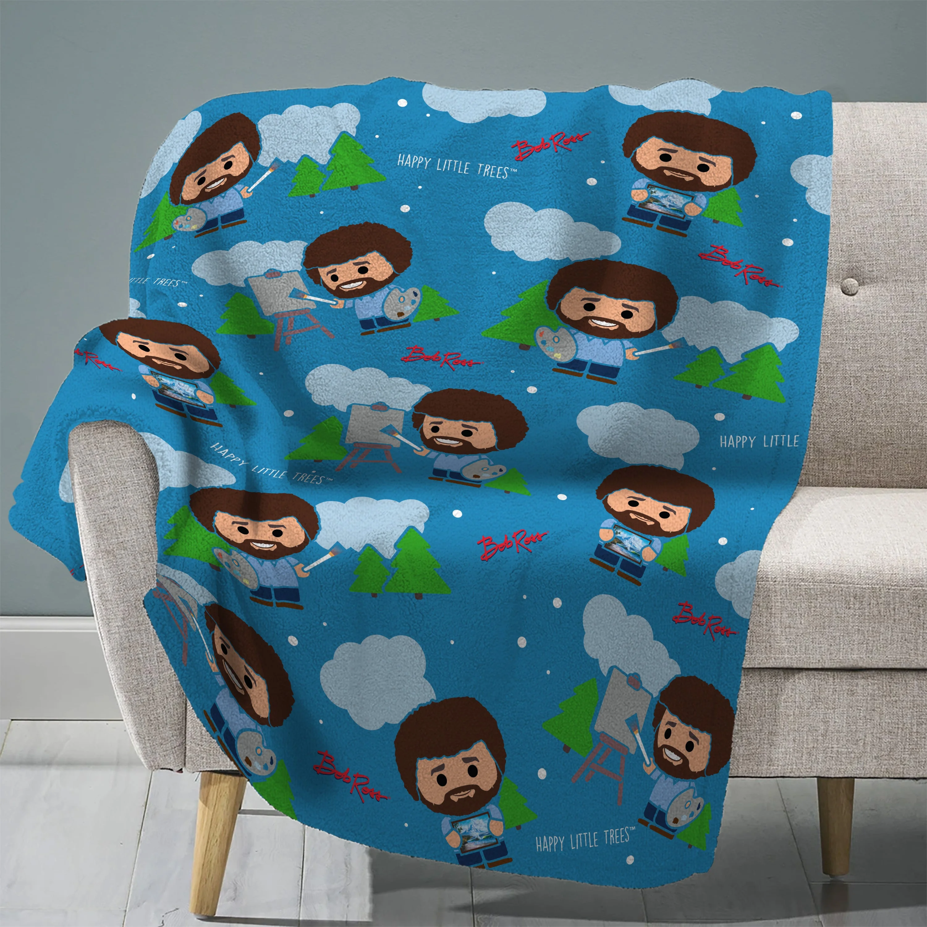 Sleep Squad Bob Ross 60” x 80” Raschel Plush Blanket
