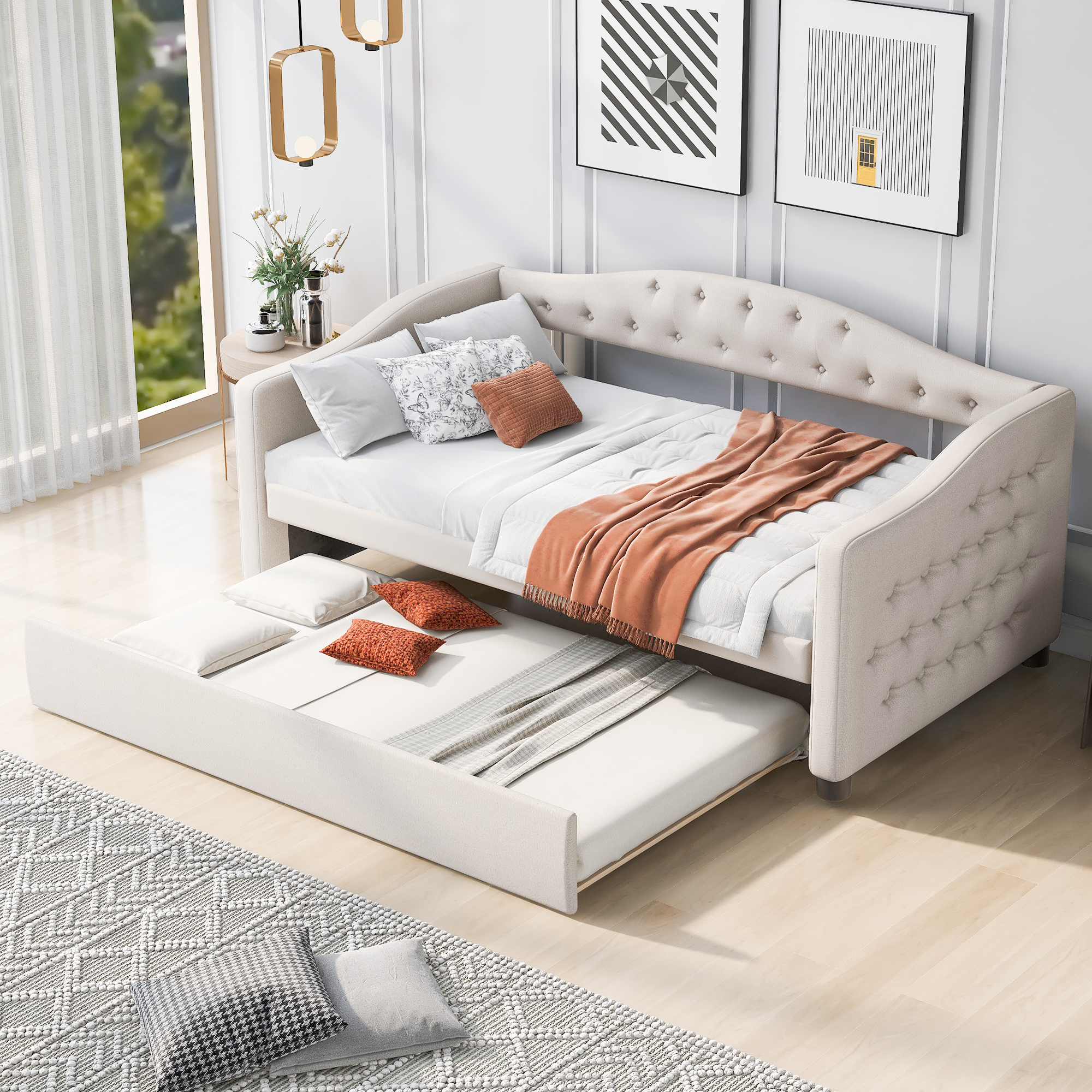 Euroco Upholstery Twin Size Daybed, Wood Tufted Daybed with Trundle for Living Room/Guests Room, No Box Spring Needed, Beige