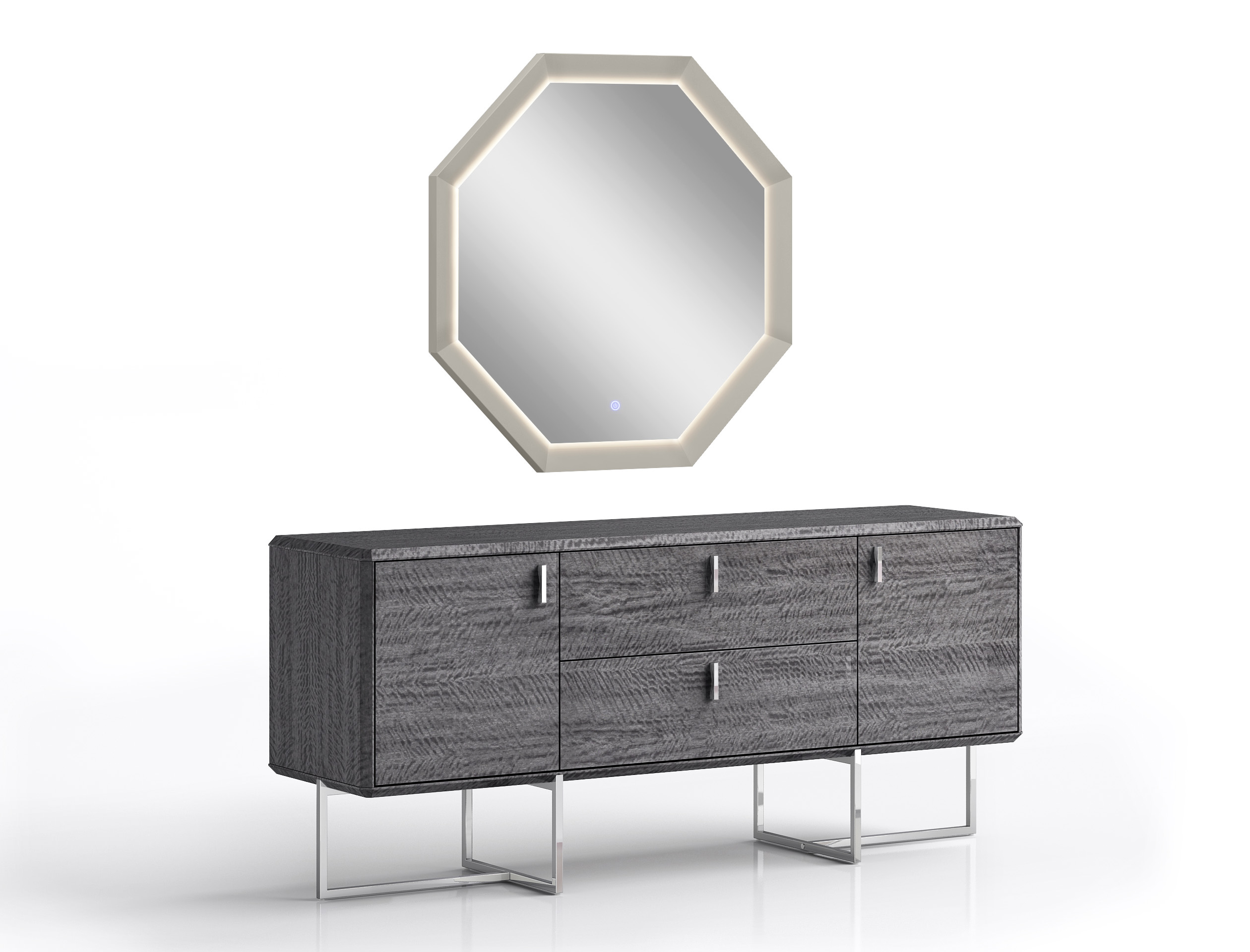 Chloe Dresser, High Gloss Grey, Two Self-Closing Drawers, Two Self-Closing Cabinets, Polished Stainless Steel Legs