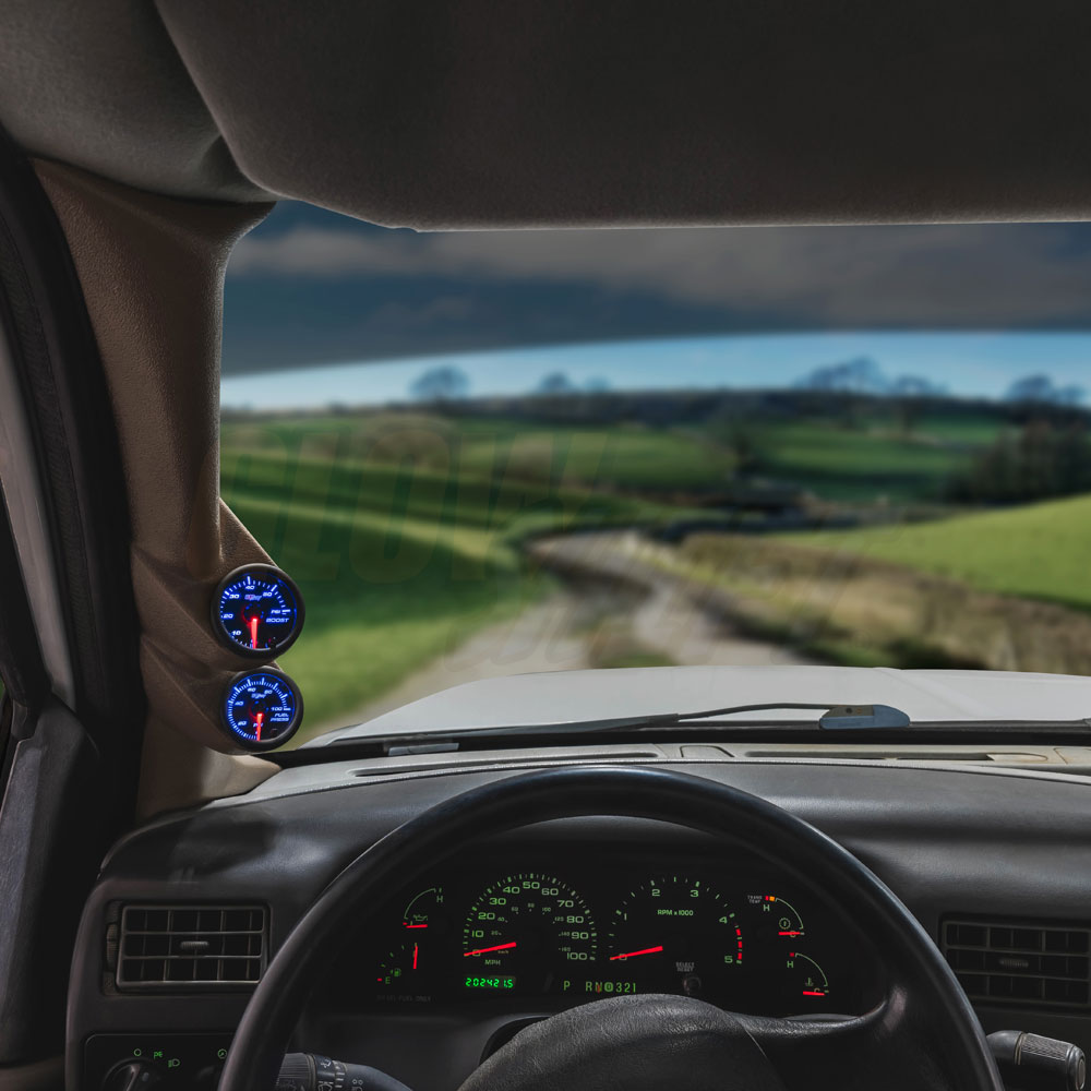 GlowShift | Factory Color Matched Tan Full Size Dual Pillar Pod for 1999-2007 Ford Super Duty Powerstroke with Black 7 Color Series 60 PSI Boost Gauge and 100 PSI Fuel Pressure Gauge
