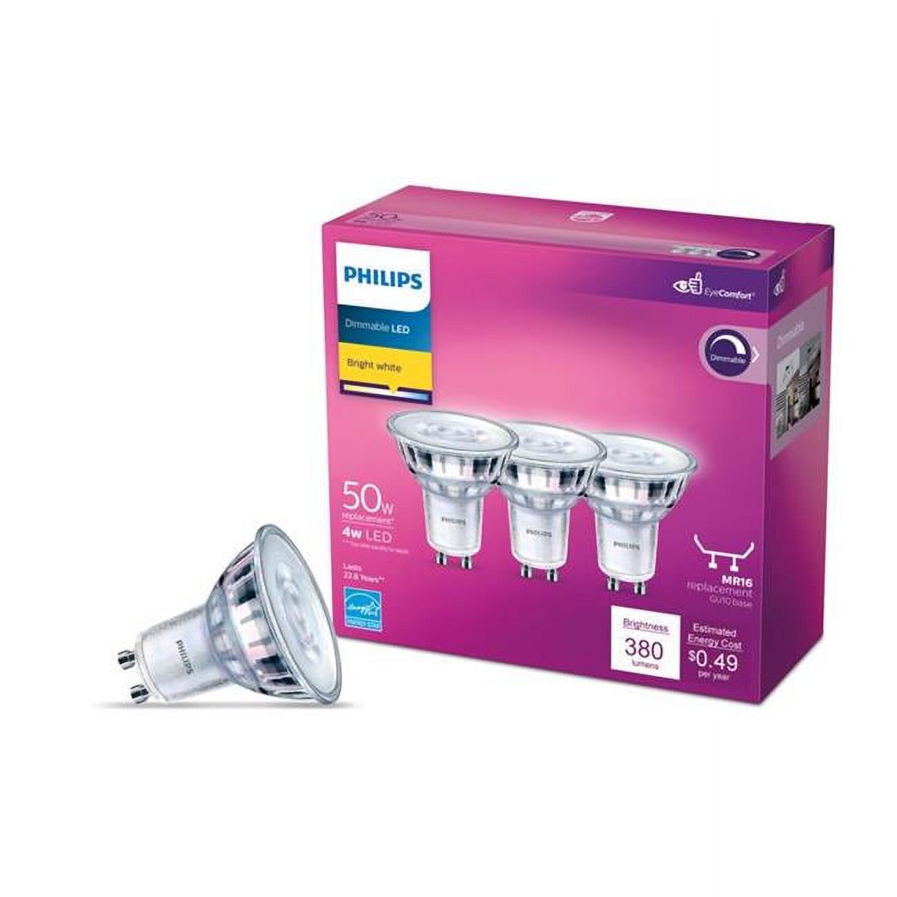 Philips 50-Watt Equivalent MR16 GU10 Base LED Light Bulb Bright White 3000K (3-Pack)