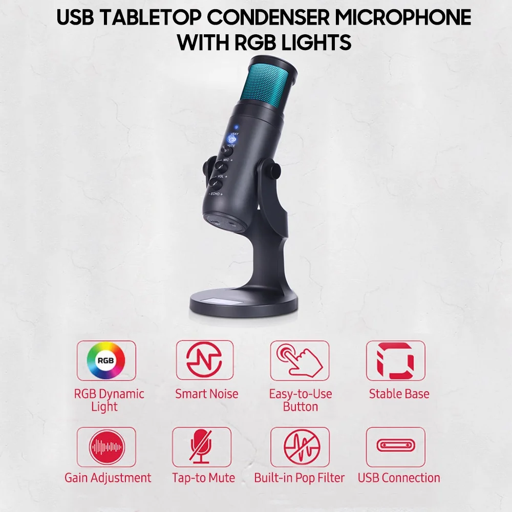 Walmeck USB Condenser Microphone Tabletop Desktop RGB Microphone with Stand Computer PC  & Play Microphone with Colorful   Control Headphone Connection for Audio Monitoring for Podcast Recording Liv