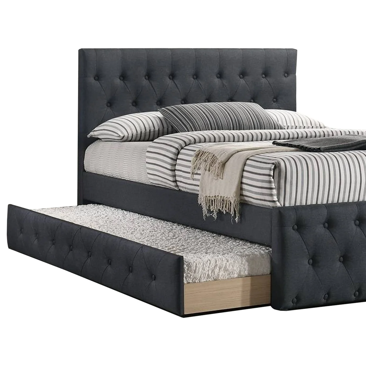 Nek Wood Twin Size Upholstered Bed with Trundle Tufted Charcoal Burlap- Saltoro Sherpi