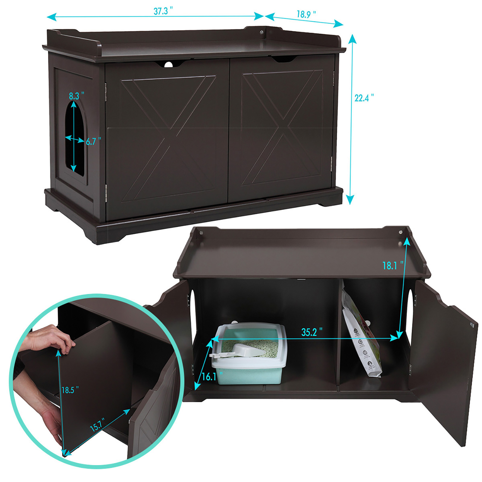 Dcenta Cat Washroom Bench, Wood Litter Box Cover with Spacious Inner, Ventilated Holes, Removable Partition, Easy Access,Chocolate Brown