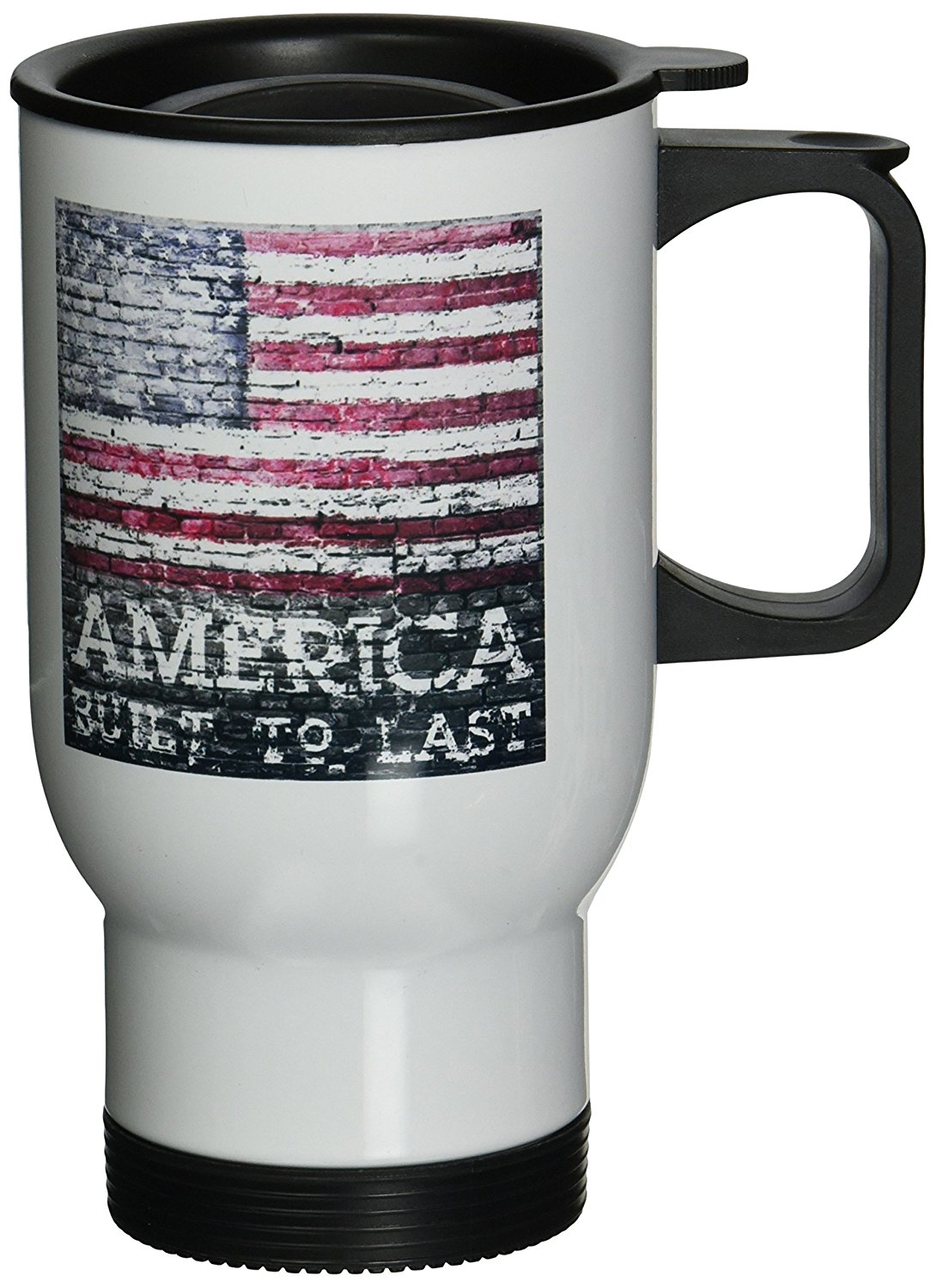 3dRose Built To Last 2 American flag painted on to a brick wall with title text included, Travel Mug, 14oz, Stainless Steel