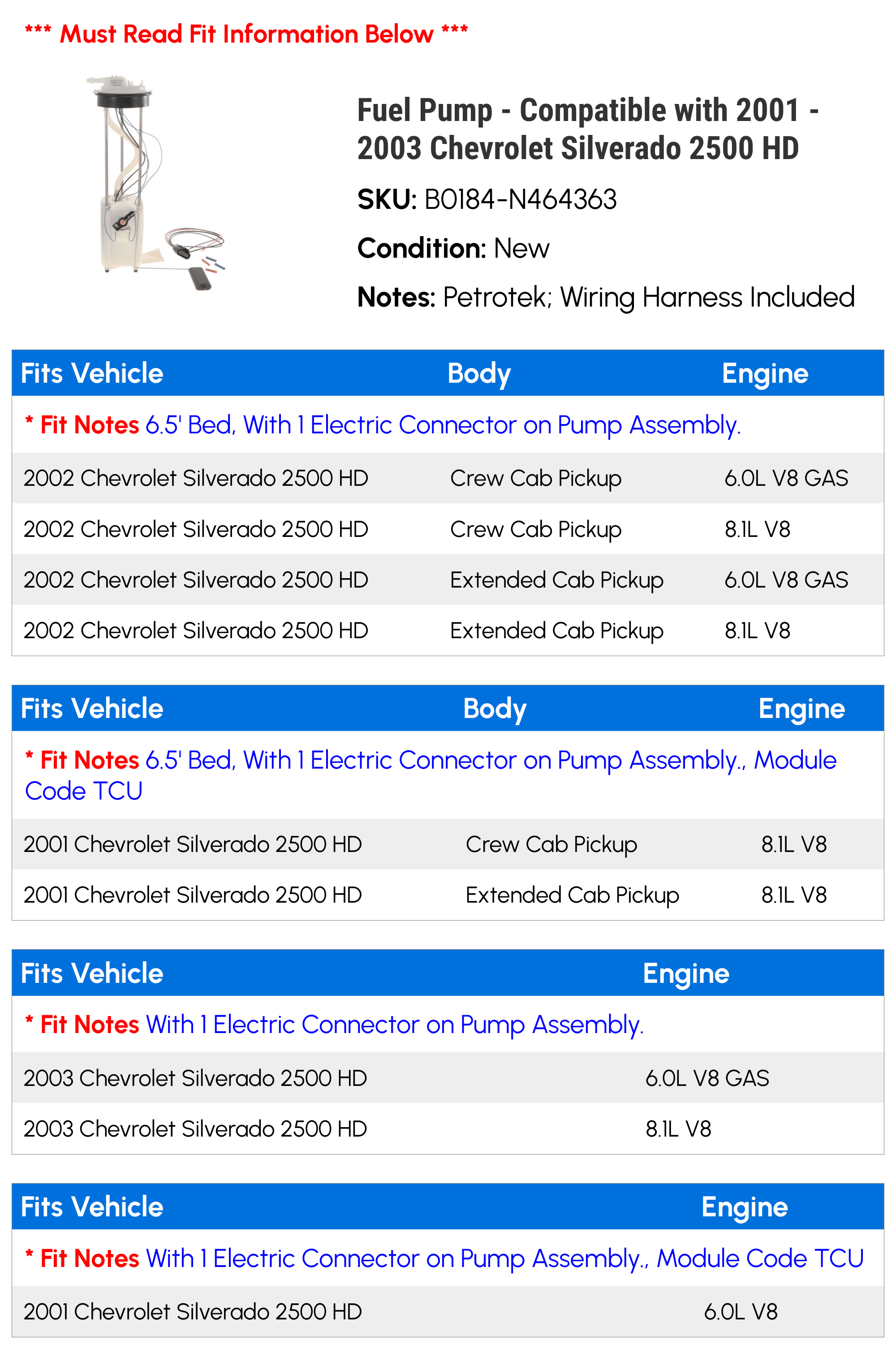Fuel Pump - Compatible with 2001 - 2003 Chevy Silverado 2500 HD 2002