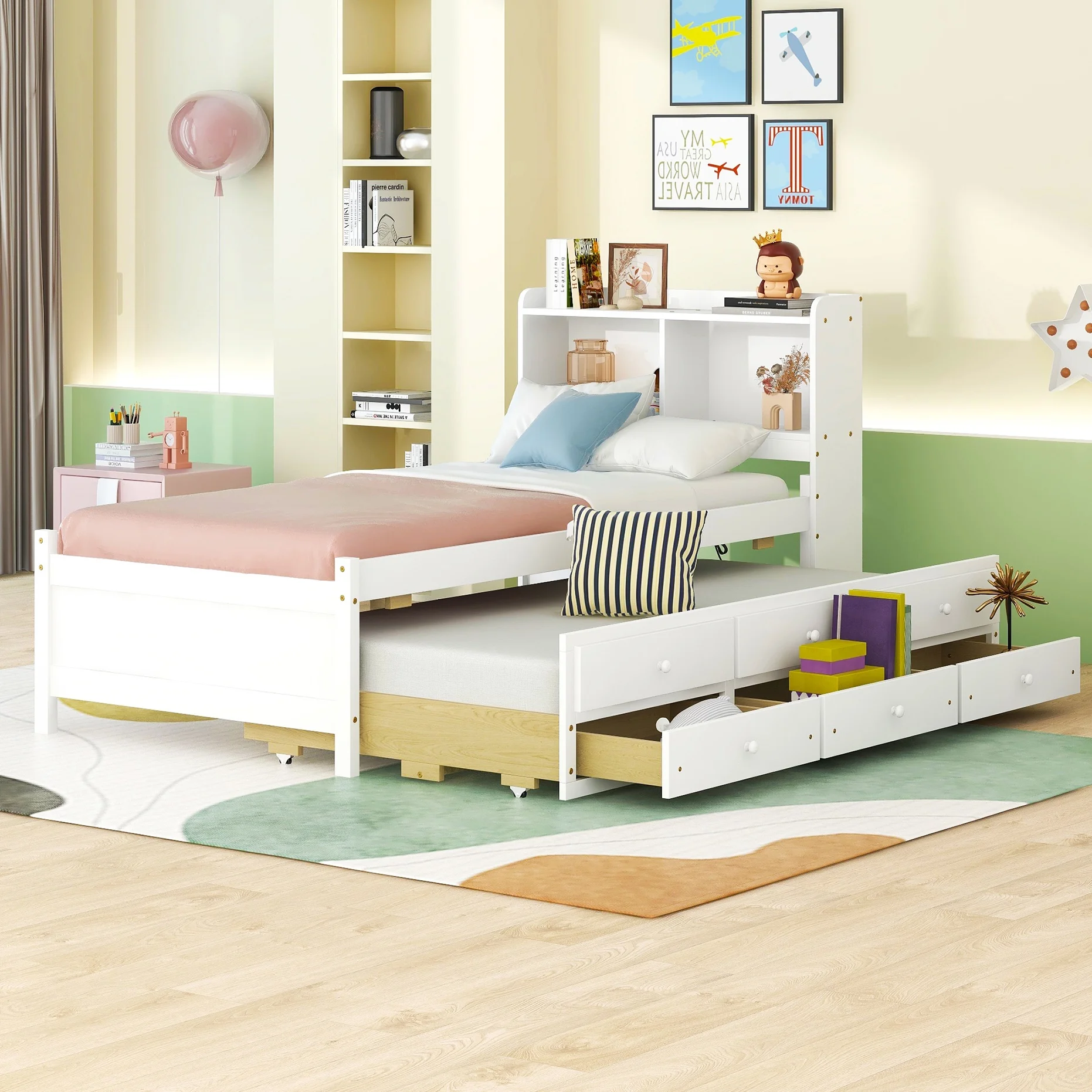 Twin Size Bed with built-in USB ,Type-C Ports, LED light, Bookcase Headboard, Trundle and 3 Storage Drawers, Twin Size Bed with Bookcase Headboard, Trundle and Storage drawers ,White