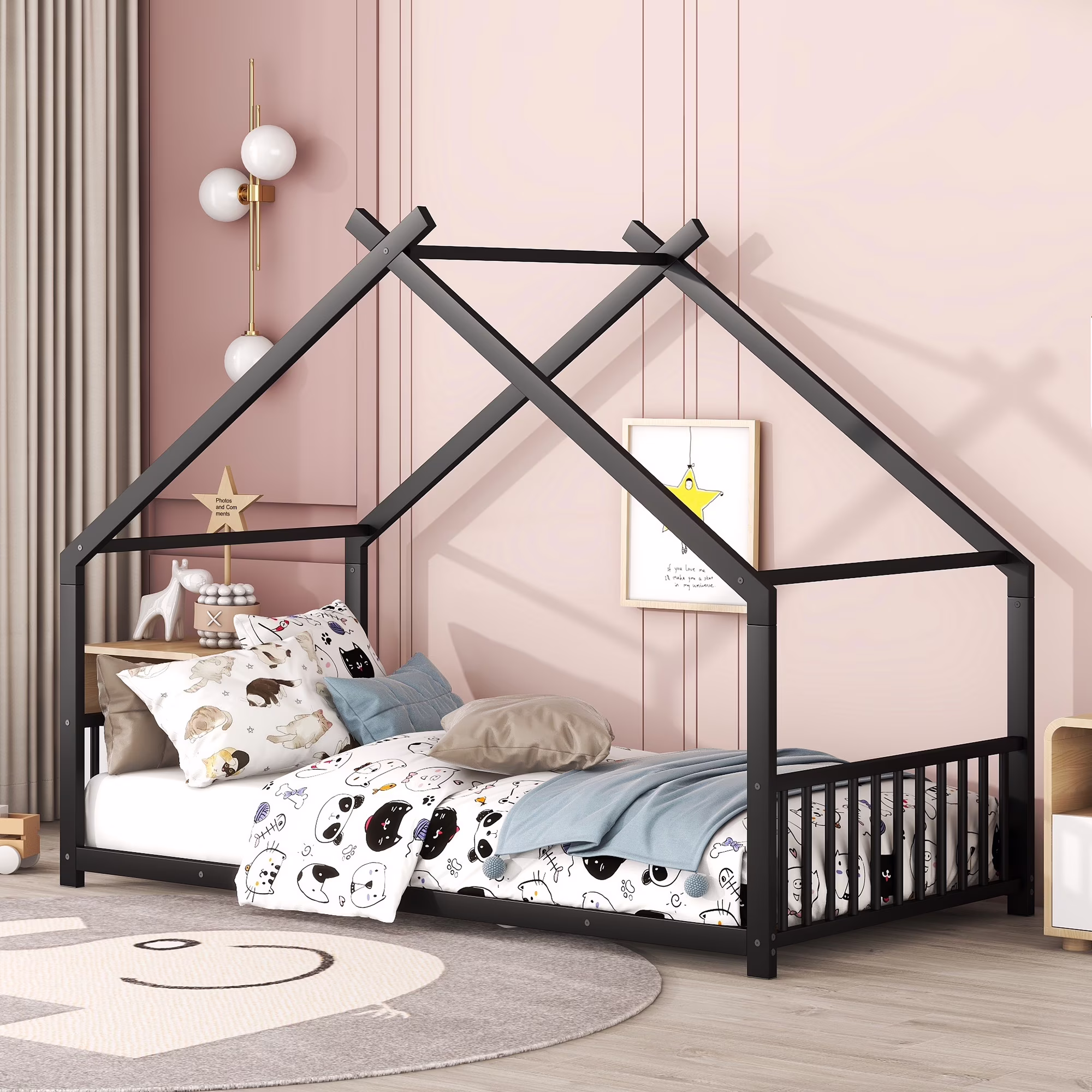 Bellemave Twin Metal House Bed with Headboard and Footboard Montessori House Bed for Toddler, Child, Boys, Girls Metal Floor Bed Frame with Roof for Kids, No Box Spring Needed, Black