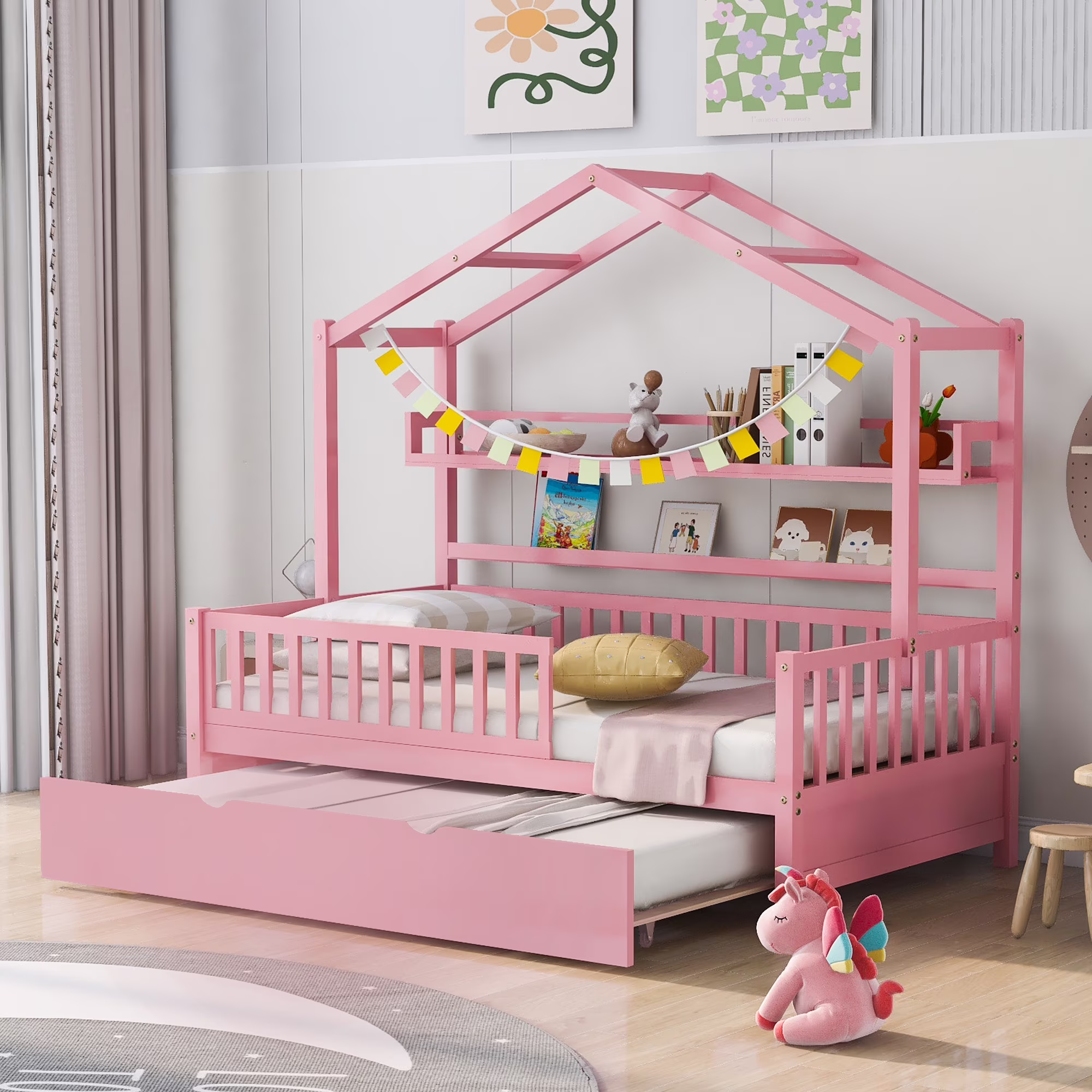 CoSoTower Wooden Twin Size House Bed with Trundle, Kids Bed with Shelf, Pink