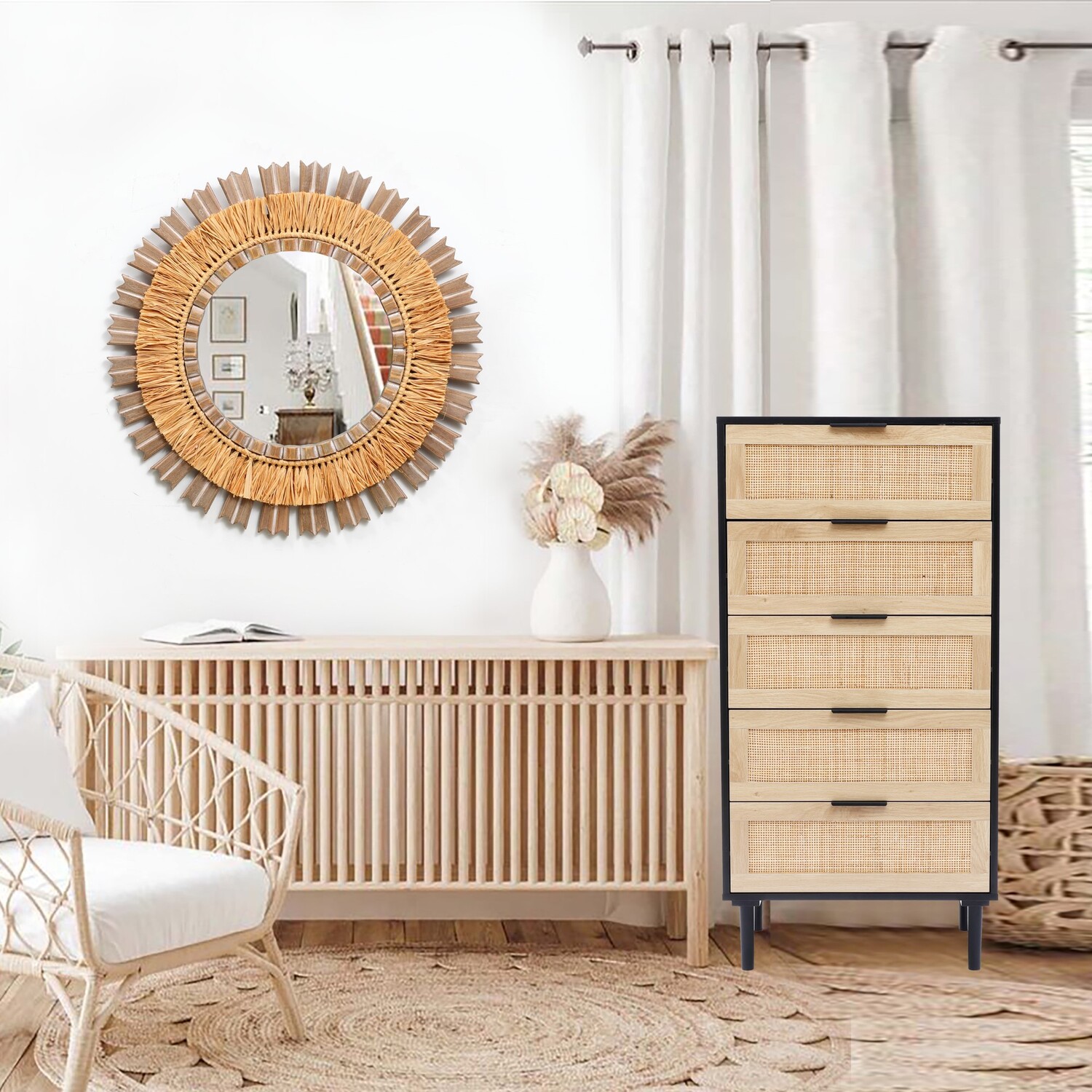 LuxenHome Black and Brown Wood 5-Drawer Chest