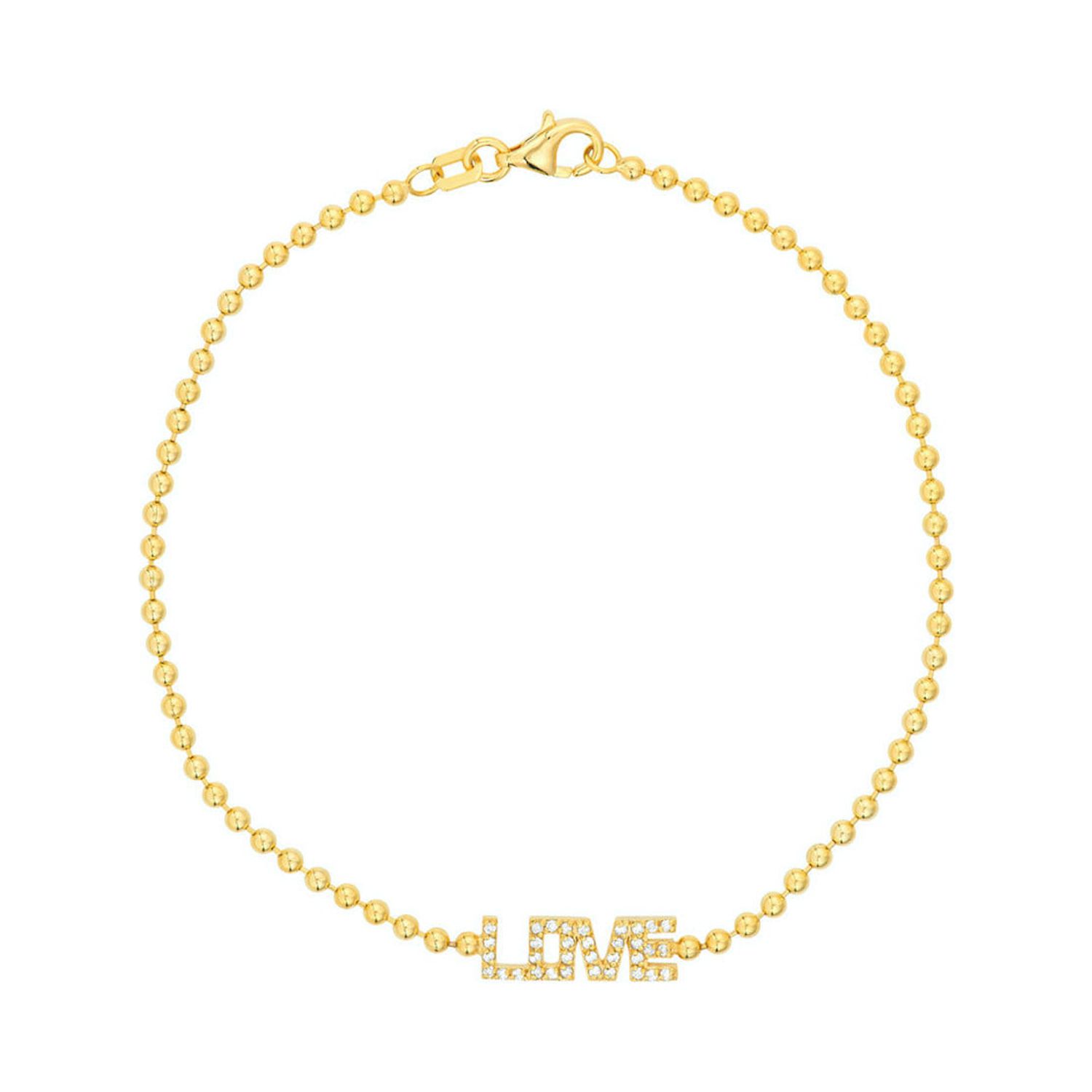 0.15CTW Natural Diamond 14K Gold Ball Beaded LOVE Station Bracelet 7.5
