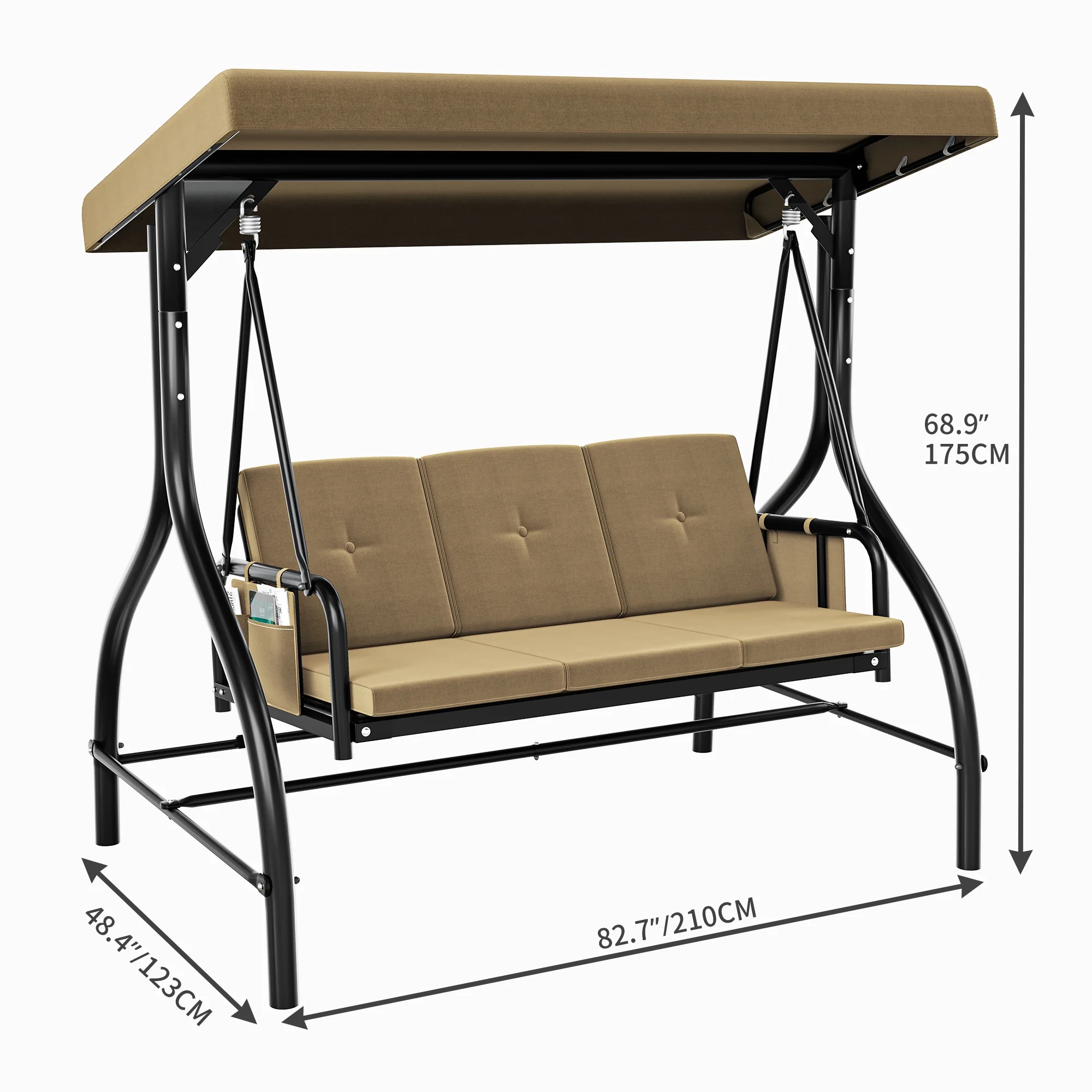 Dextrus Outdoor Patio Swing Bed for 3 People with Adjustable Canopy and Removable Cushion, Designed for Adults in Garden, Poolside or Balcony, Light Brown