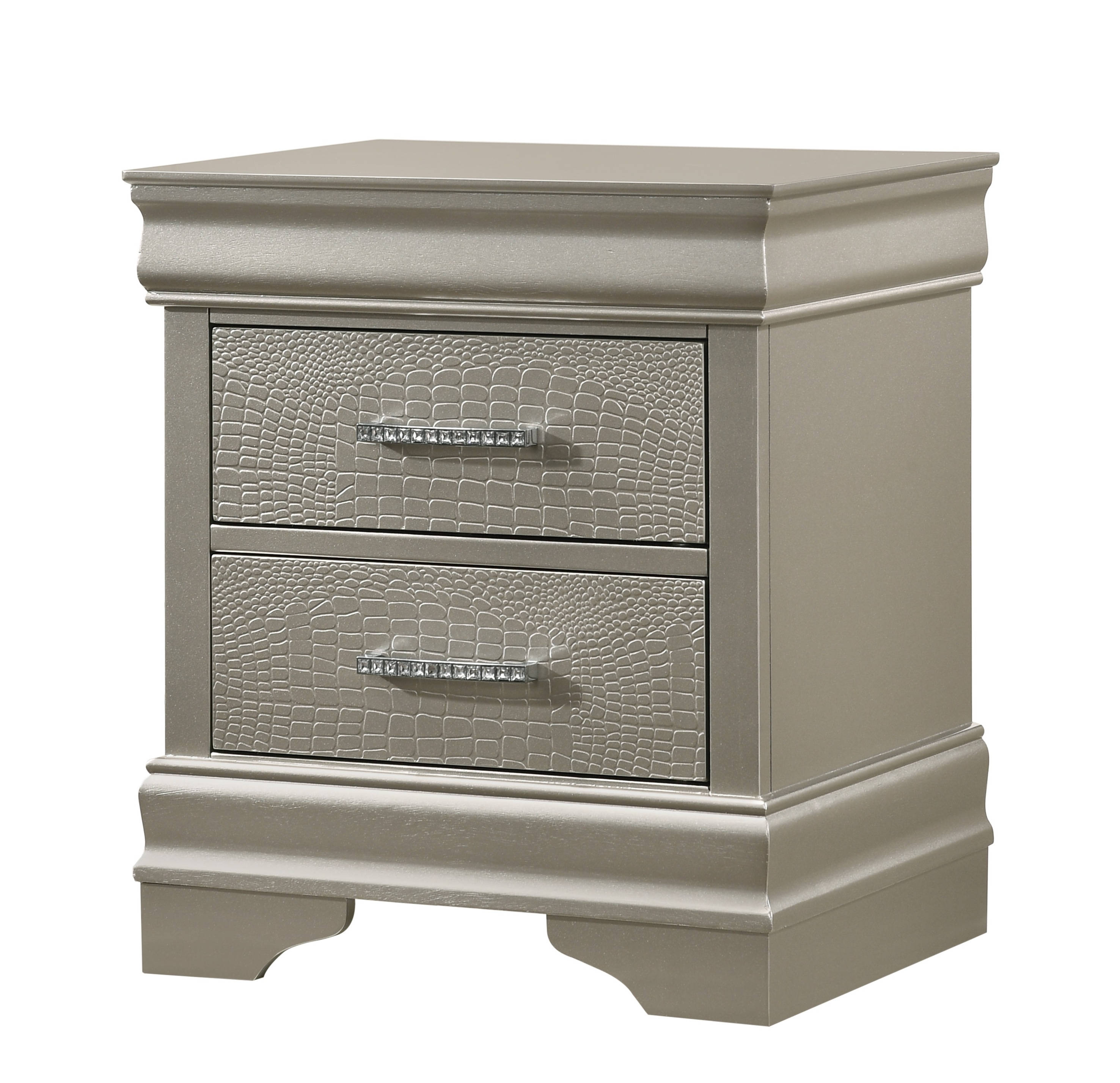 5pc Silver Finish Panel Bedroom Set Upholstered Button Tufted Headboard King Bed Dresser Mirror Nightstand