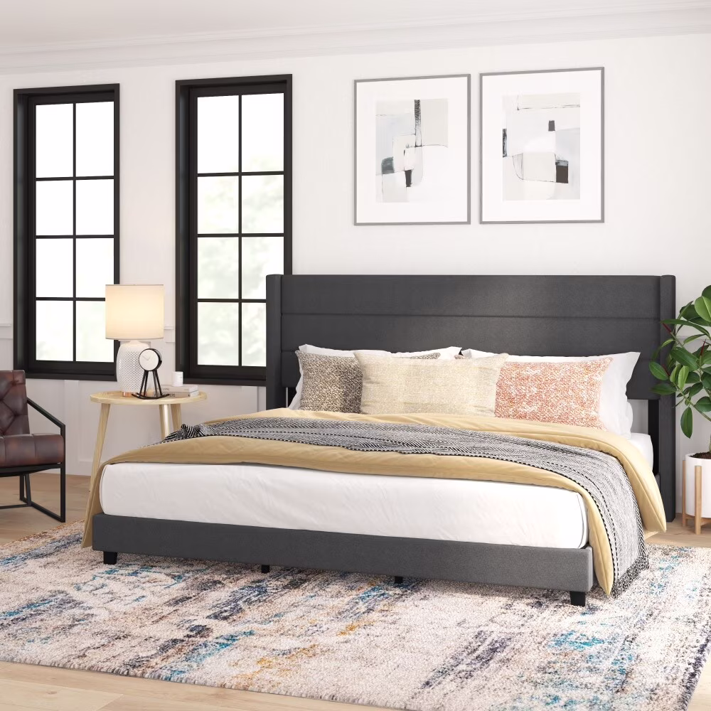 Taylor & Logan Upholstered Platform Bed with Wingback Headboard Charcoal - King