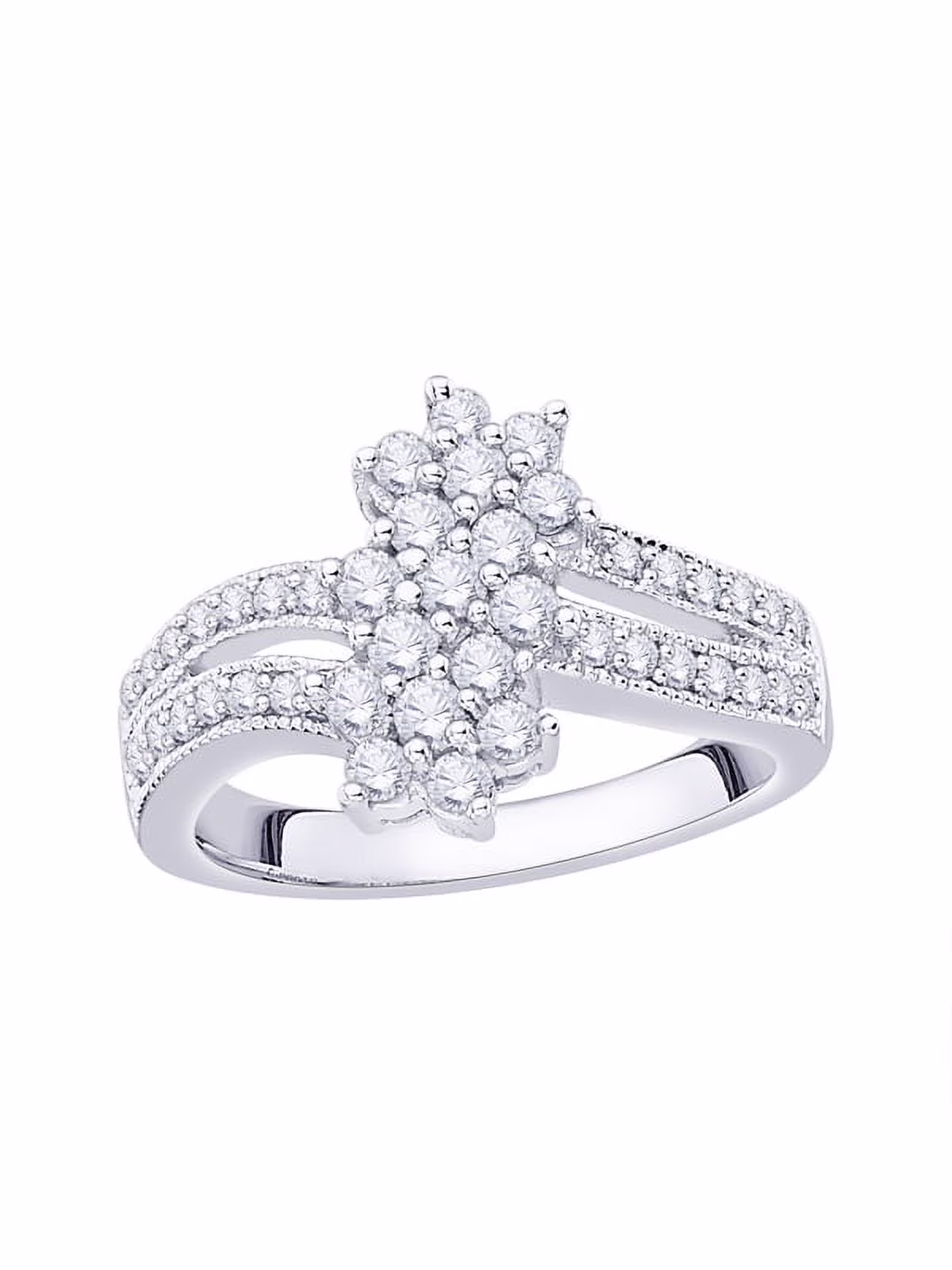 Diamond Cluster Floral Ring in Sterling Silver (3/4 cttw) (I-Color, SI3/I1-Clarity) (Size-6.5)