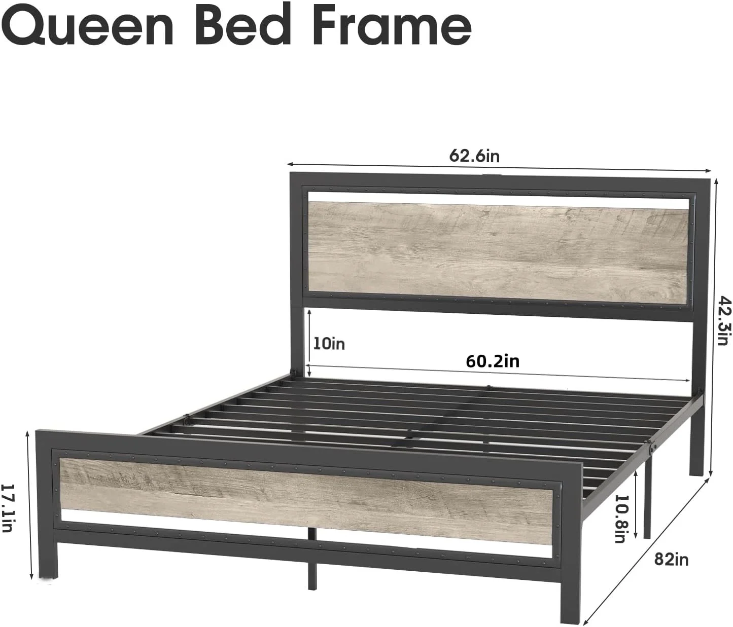 Vabches Queen Size Bed Frame with Charging Station and LED Lights, Metal Bed Frame with Riveted Headboard and Footboard,Bed Frame with Underbed Storage, No Springs Needed, Noise-Free, Gray