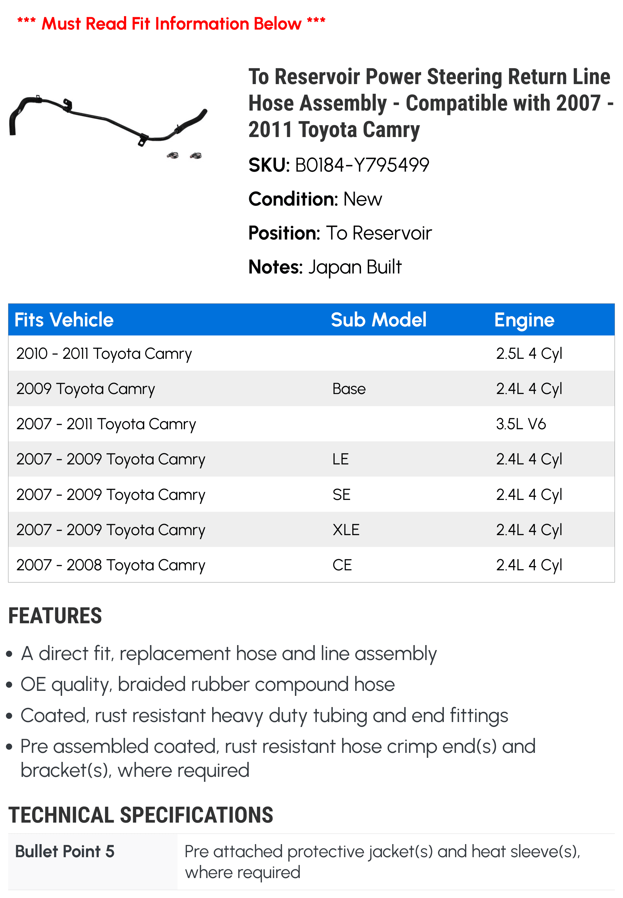 To Reservoir Power Steering Return Line Hose Assembly - Compatible with 2007 - 2011 Toyota Camry 2008 2009 2010