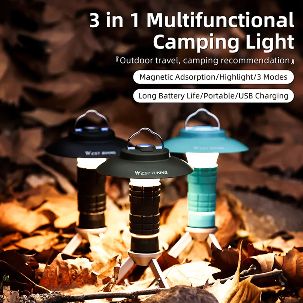 WEST BIKING  Portable Camping  Tent Lantern with Detachable Tripod USB Rechargeable    Tail Magnet  with Hung Loop