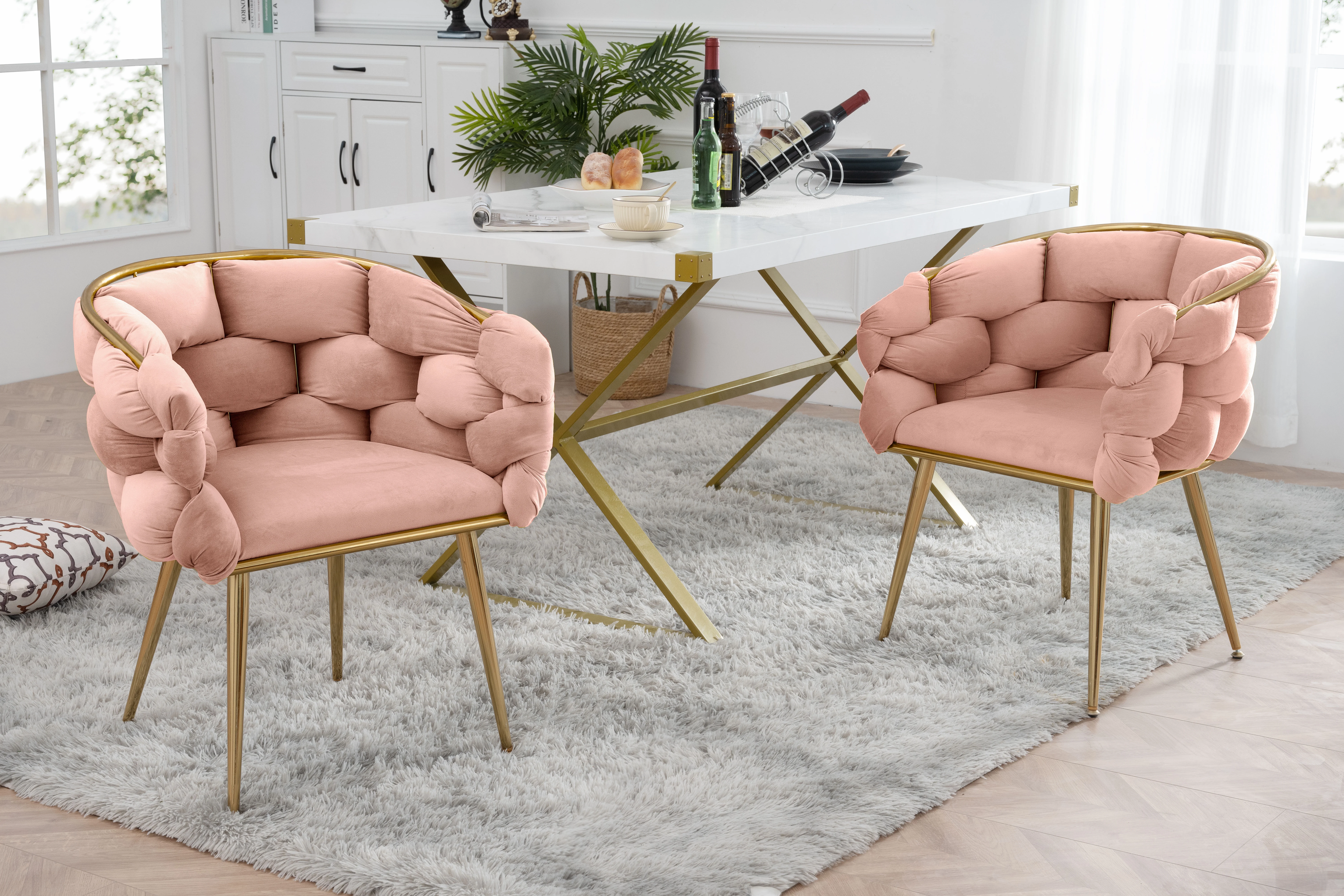 CoSoTower Luxury Modern Simple Leisure Velvet Single Sofa Chair Bedroom Lazy Person Household Dresser Stool Manicure Table Back Chair Pink Set of 2