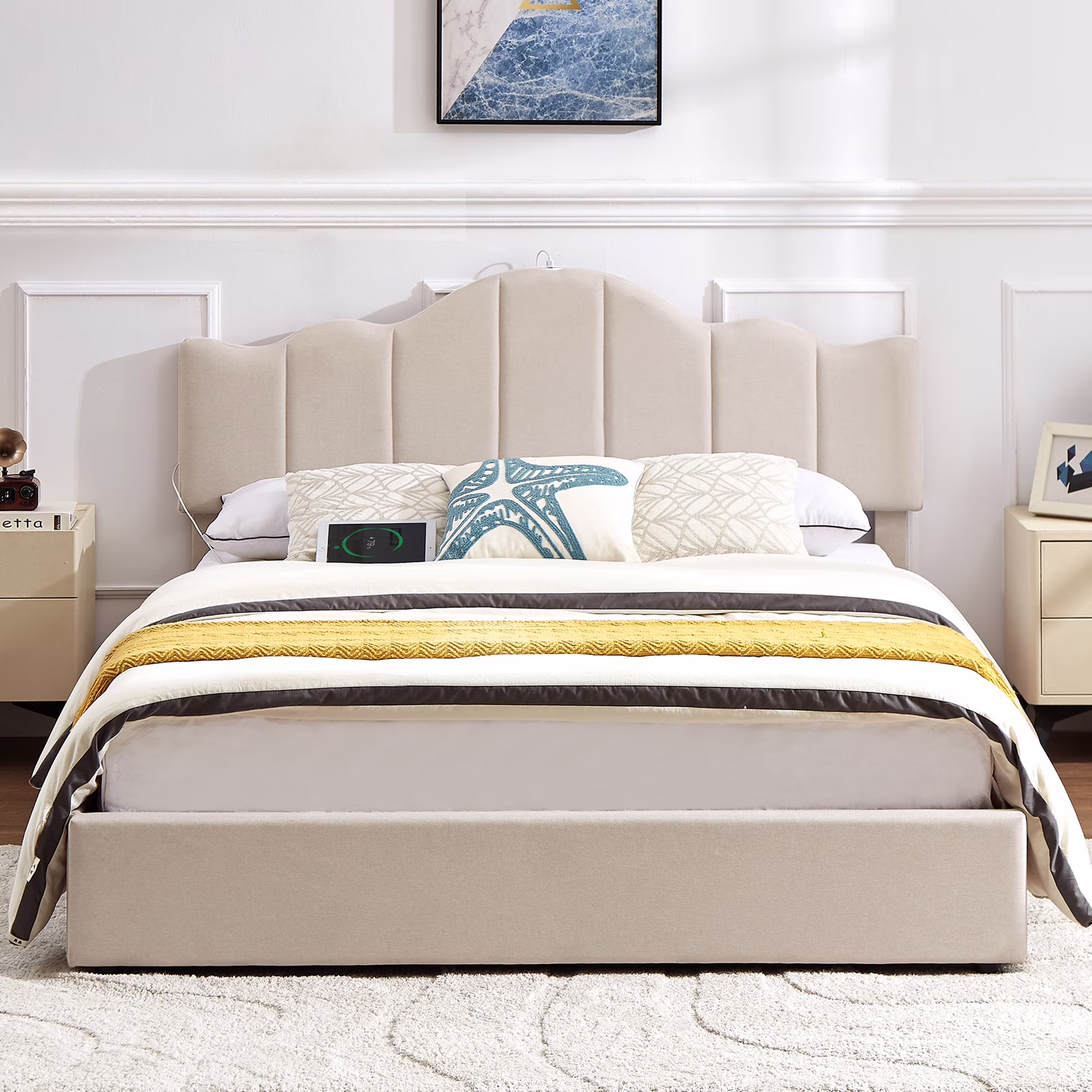 VECELO Queen Size Platform Bed Frame with Charging Station, Modern Adjustable Height Headboard Tufted Upholstered Full Bed Frame, No Box Spring Needed, Beige