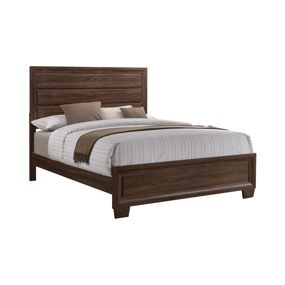 Wooden Queen Size Bed with Panel Headboard and Tapered Feet, Brown- Saltoro Sherpi