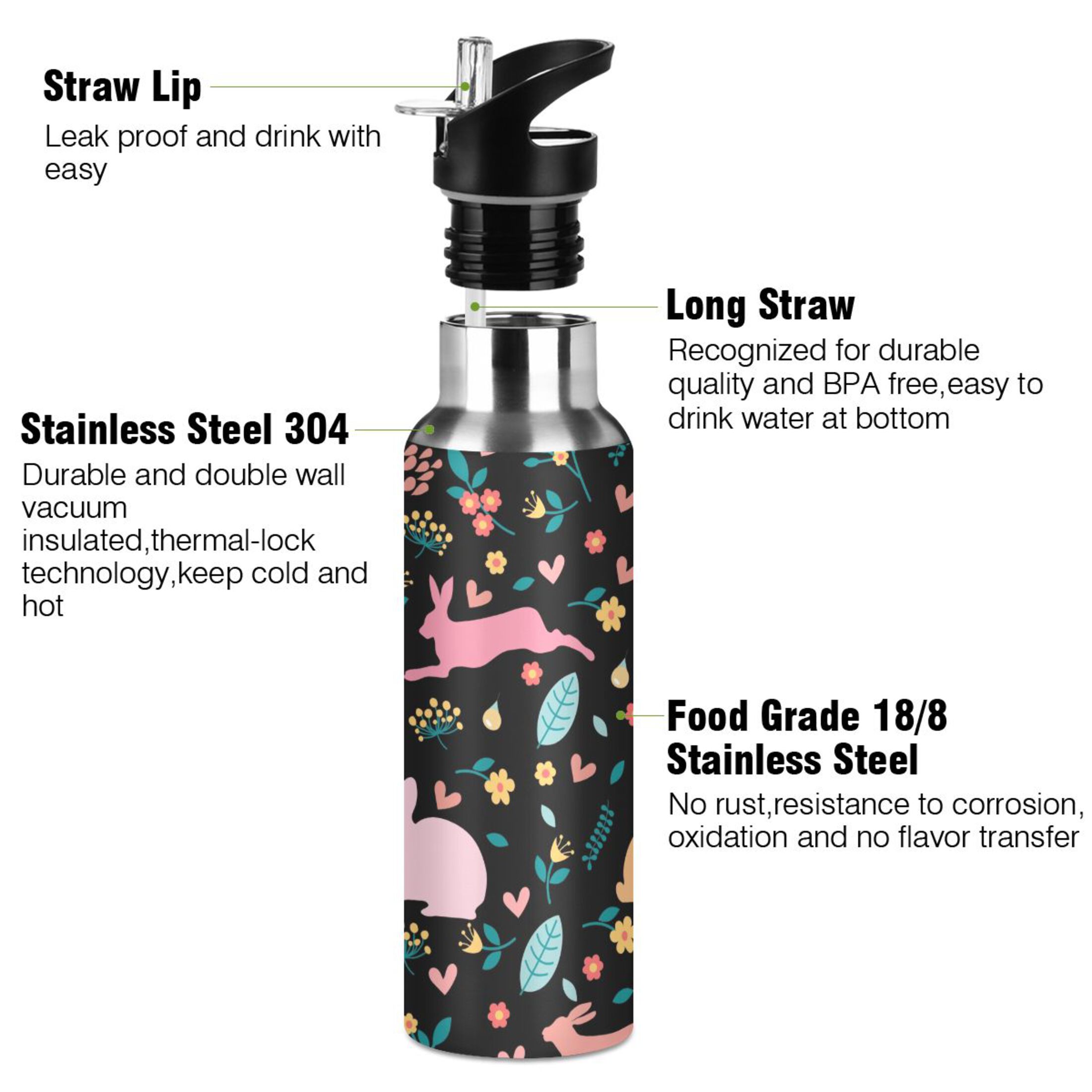 Stainless Steel Water Bottle Rabbits in Hearts Flowers with Straw Lid Vacuum Insulated Leak Proof Flask Jug for Gym Travel Sports Cycling Outdoor 20 OZ
