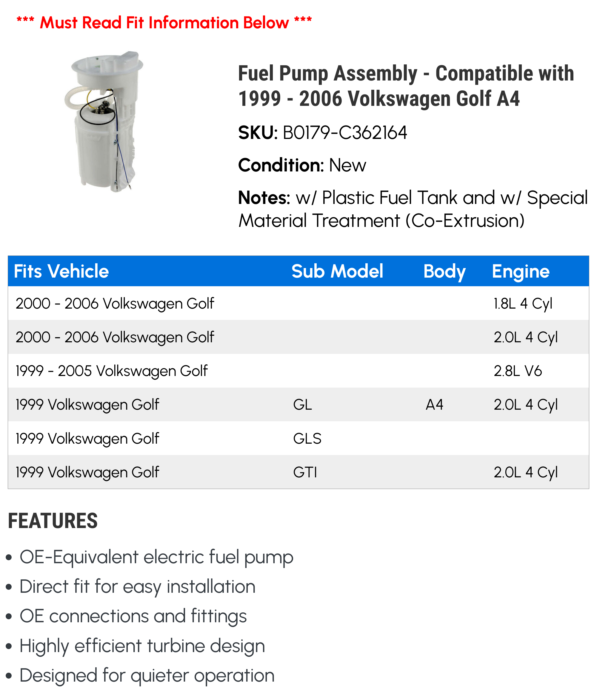 Fuel Pump Assembly - Compatible with 1999 - 2006 Volkswagen Golf A4 2000 2001 2002 2003 2004 2005