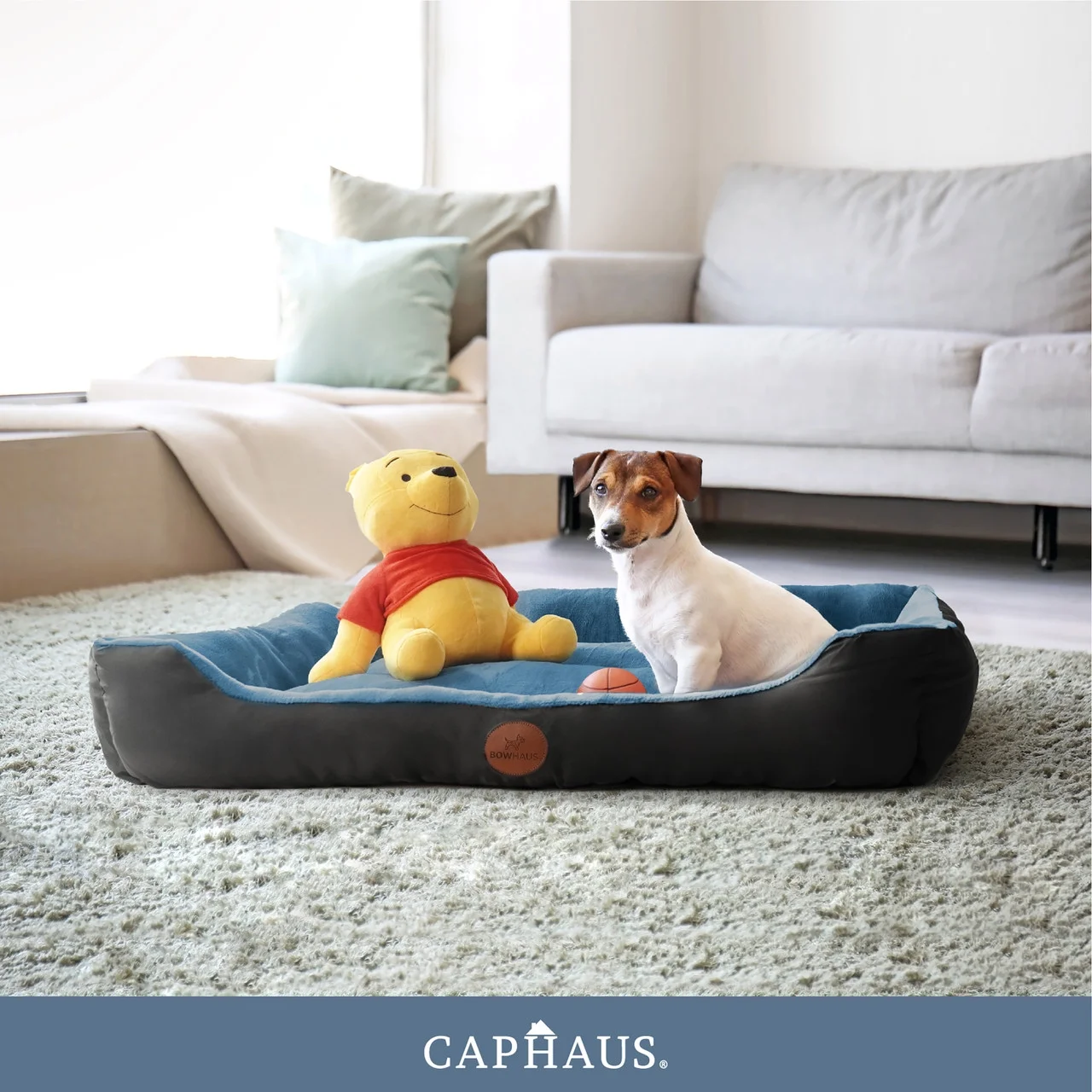 CAPHAUS 32/37 Inch Dog Bolster Couch Bed for Small/Medium/Large Dogs, Orthopedic Cat Bed for Indoor Cats, Calming, Anti-Slip Bottom, Washable, Anti-Anxiety Fluffy Soft Pet Bed in Blue, Brown, Gray