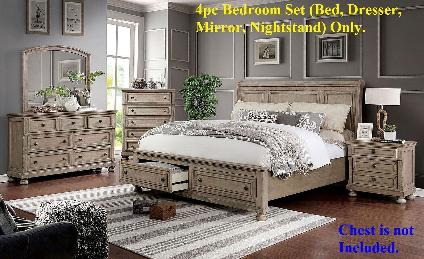 Transitional Style Gray Finish Solid wood Bedroom 4pc Set Eastern King Size Bed Dresser Mirror Nightstand Furniture