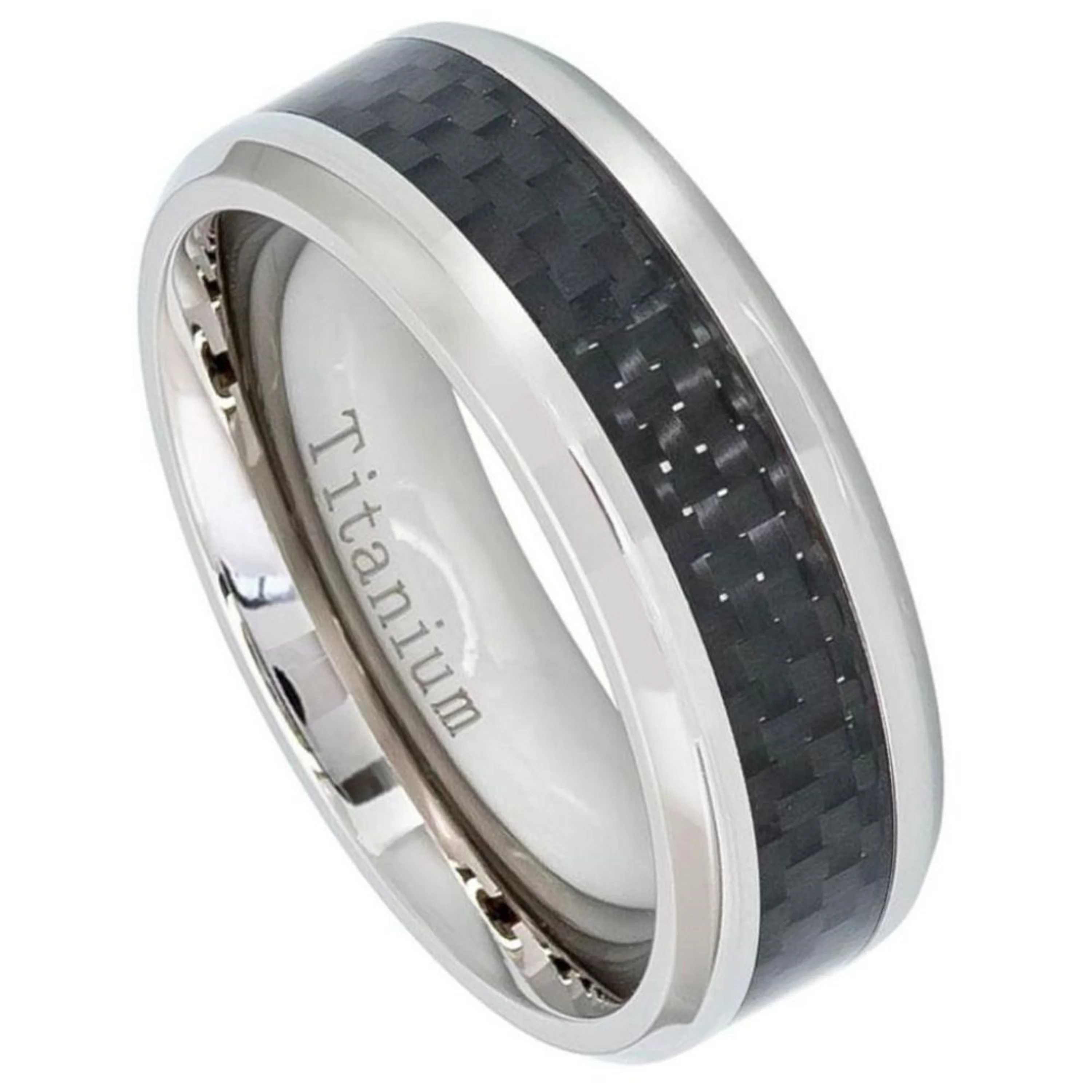 8mm Titanium Band High Polished Titanium Ring with Black Carbon Fiber Inlay Wedding Band Ring Men Or Ladies