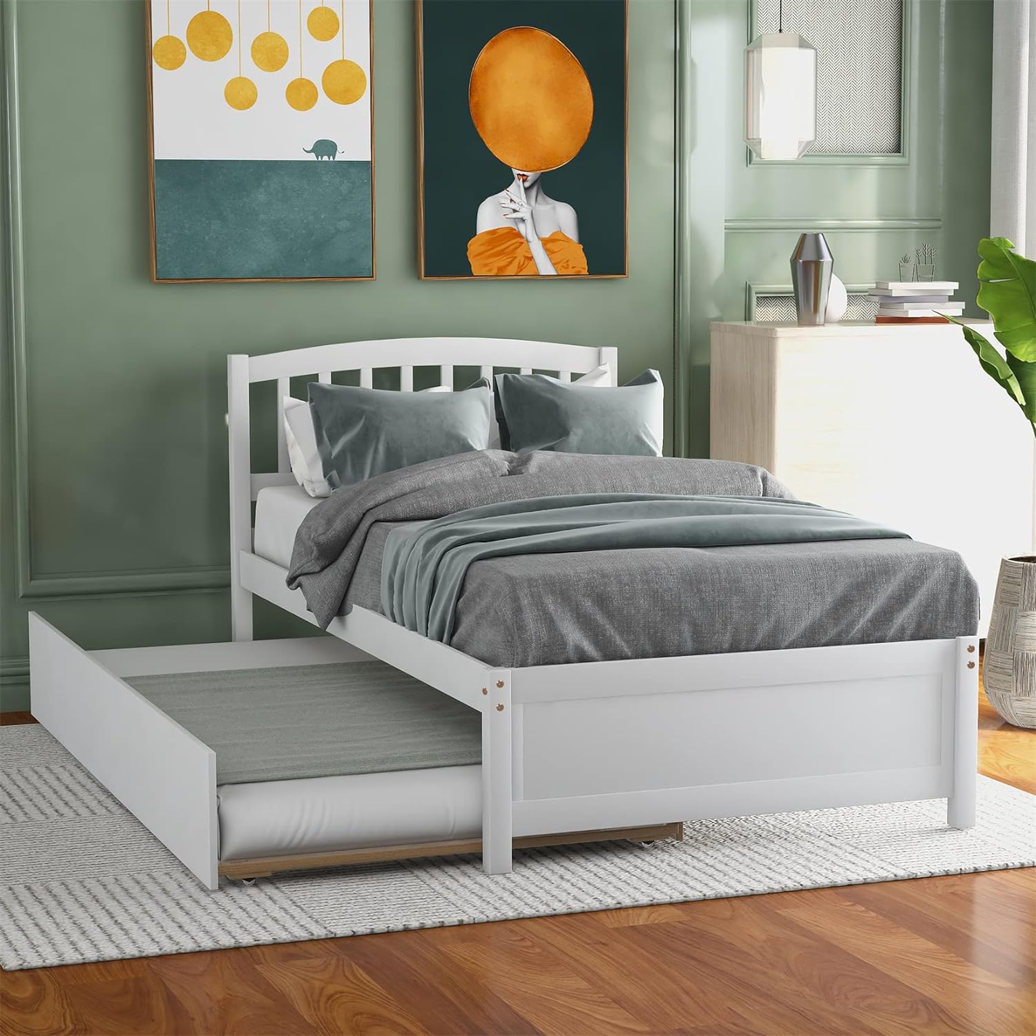 Bed Frame With Trundle Wooden Platform Bed With Headboard Solid Wood Captain Beds For Boys Girls Kids Teens, No Box Spring Needed, White