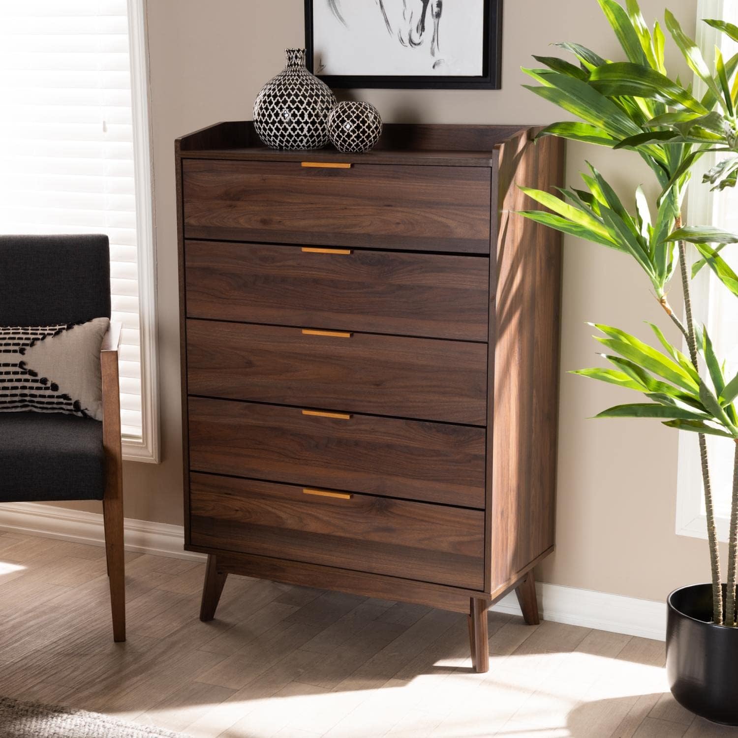 Lena -Century Modern Walnut Brown Finished 5-Drawer Wood Chest