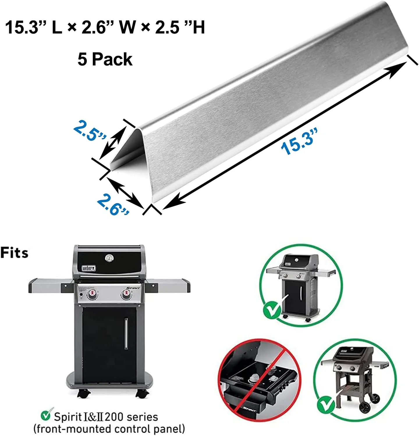 Grisun 7636 Stainless Steel Flavorizer Bars for Weber Spirit 300 & GS4 Spirit II 300 Series, Spirit E310 E320 E330 S310 S320 S330 with Front Control Knob 15.3