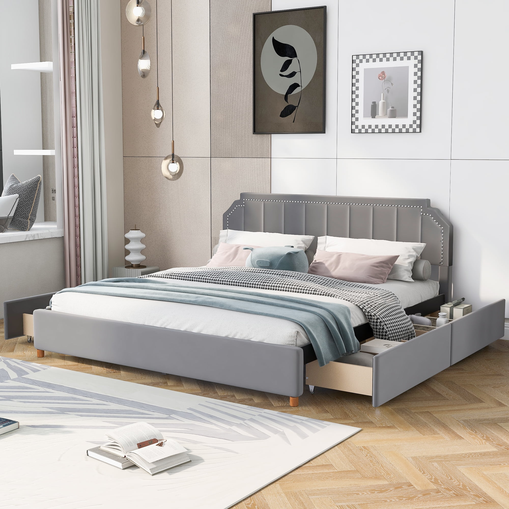 EUROCO King Size Upholstery Platform Bed with Four Storage Drawers, Gray