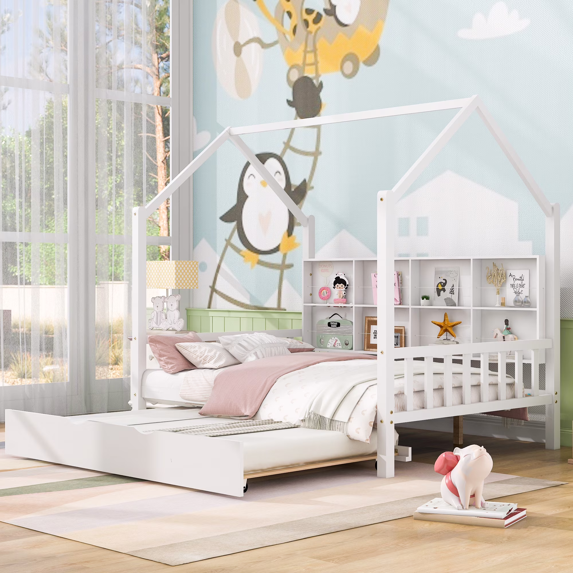 LYPER Wooden Full Size House Bed with Trundle,Kids Bed with Shelf, White