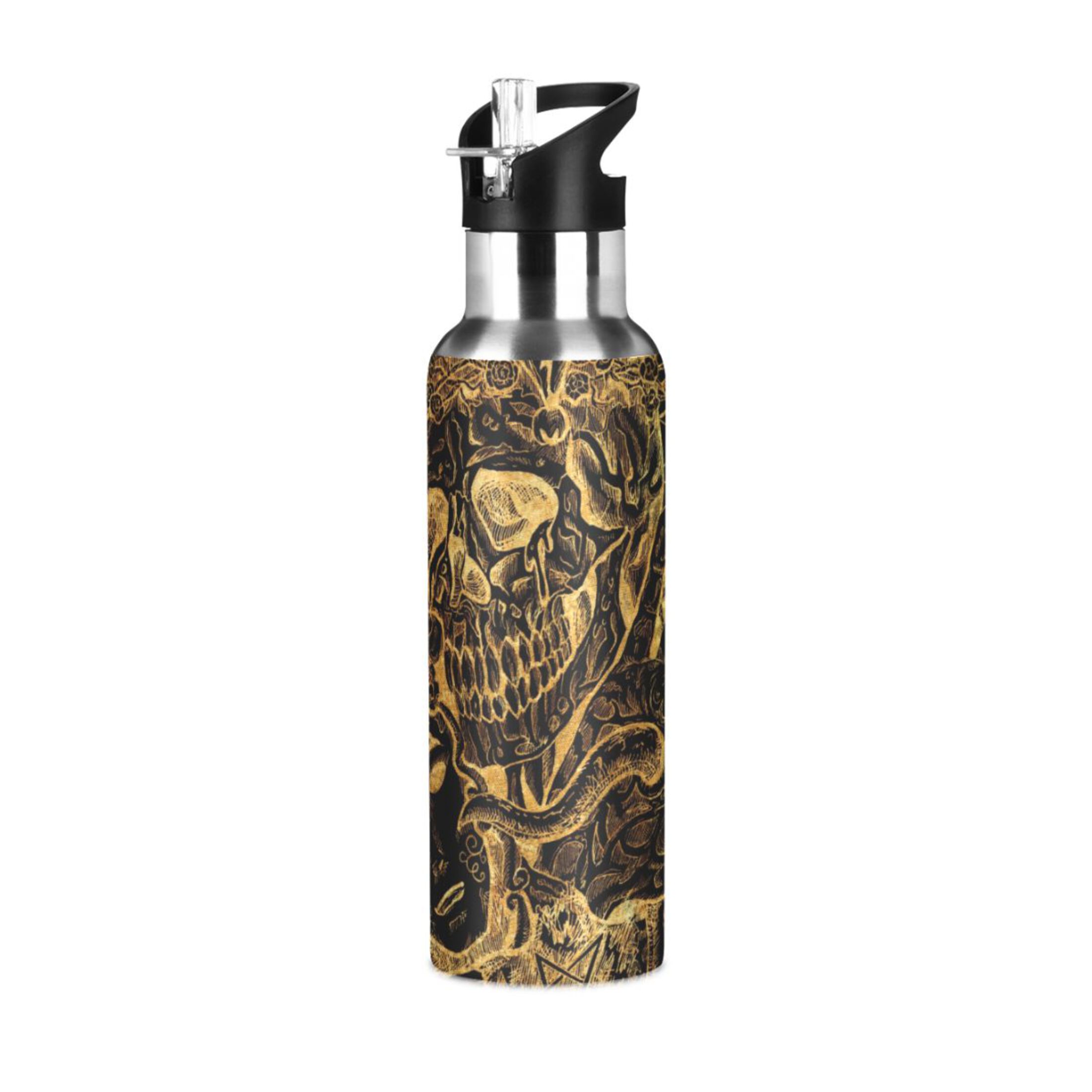 Golden Skull with Mask Water Bottles Insulated Thermos Kids Stainless Steel Bottle with Straw Lid Flask Leakproof for Sports Gym 20 oz