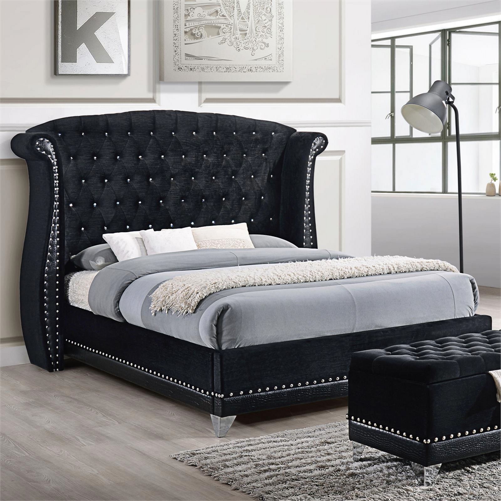 Pemberly Row Queen Contemporary Tufted Velvet Upholstered Bed Black