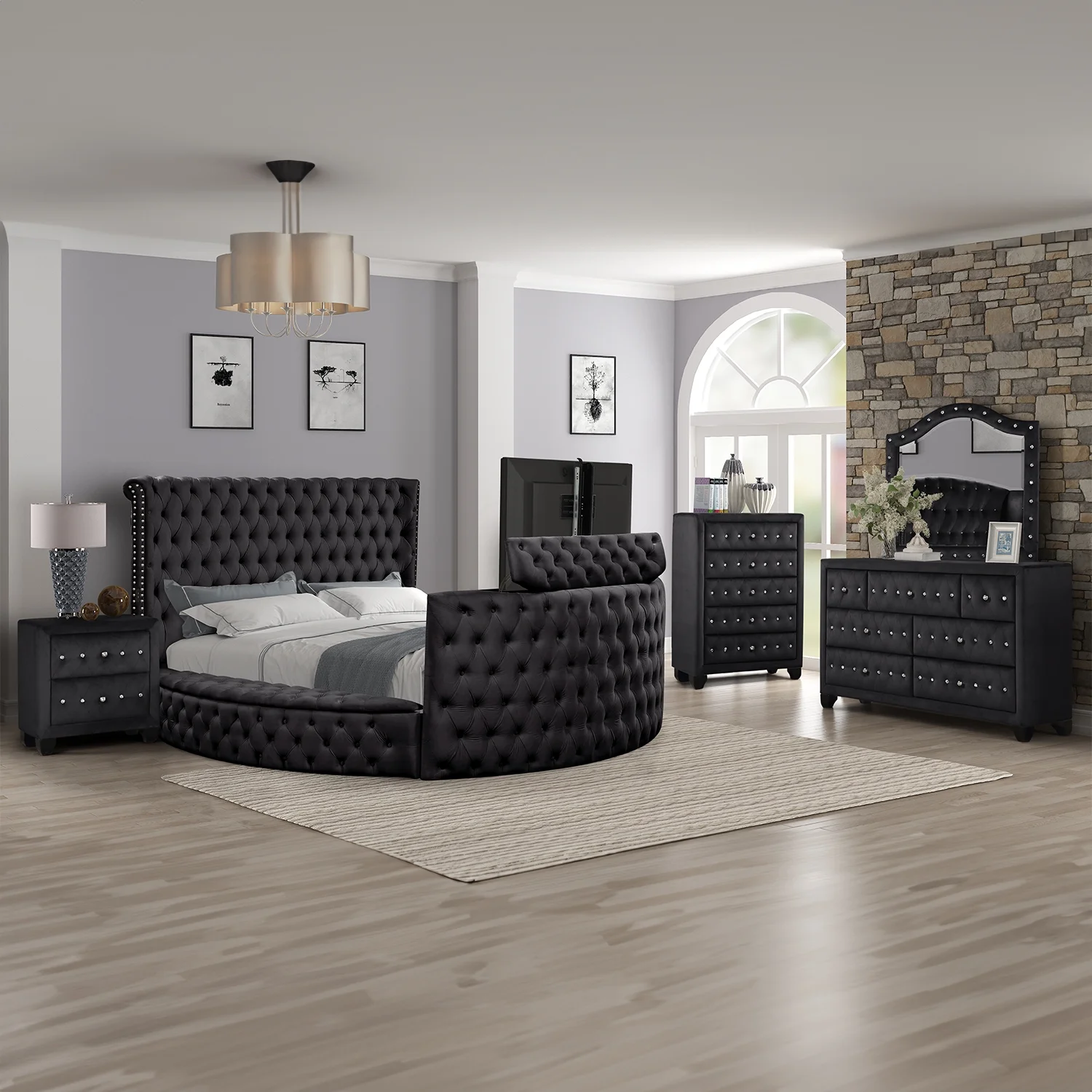 Maya Modern Style Queen Bed made with Wood in Black