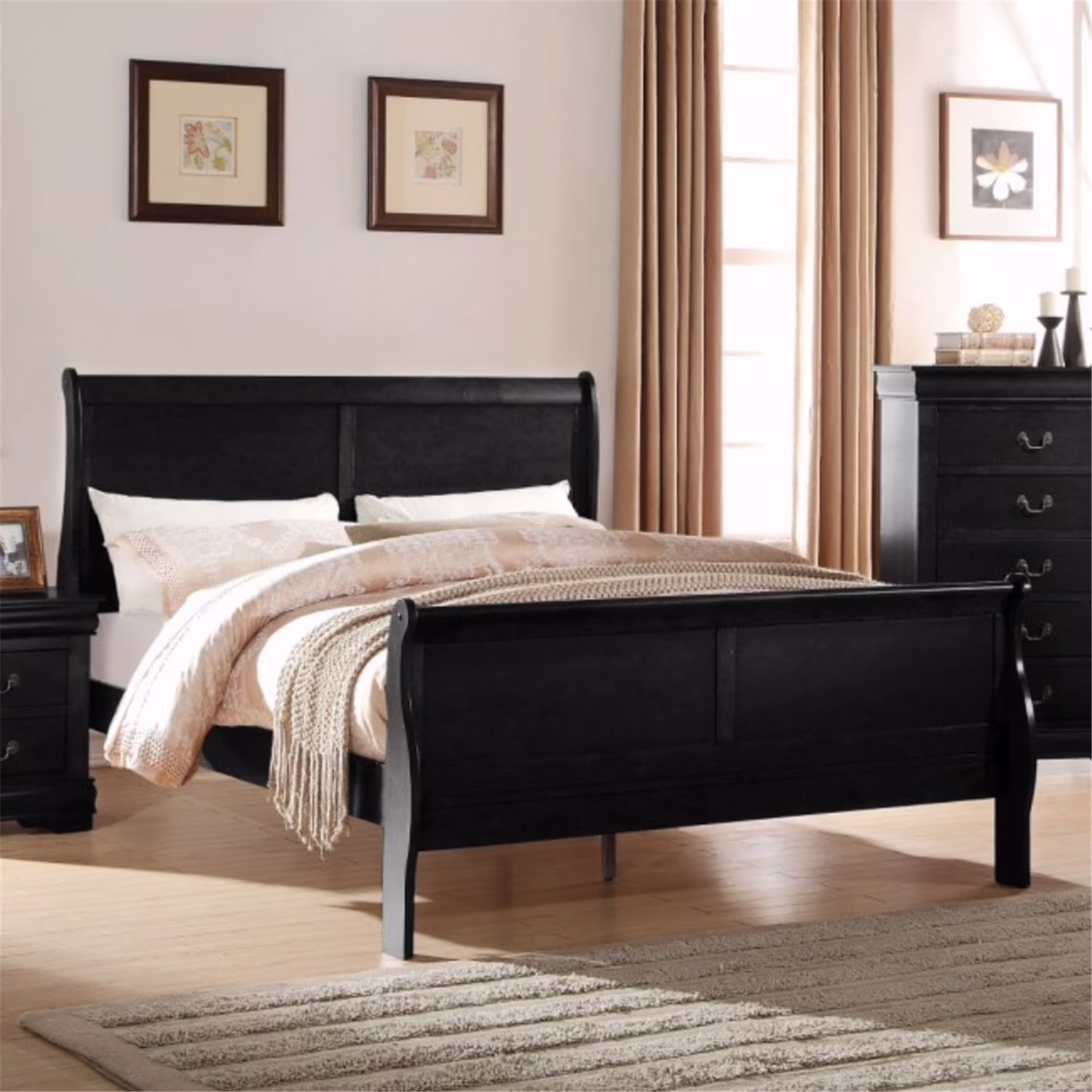 Elegant Modern Style Queen Size Sleigh Bed, Black