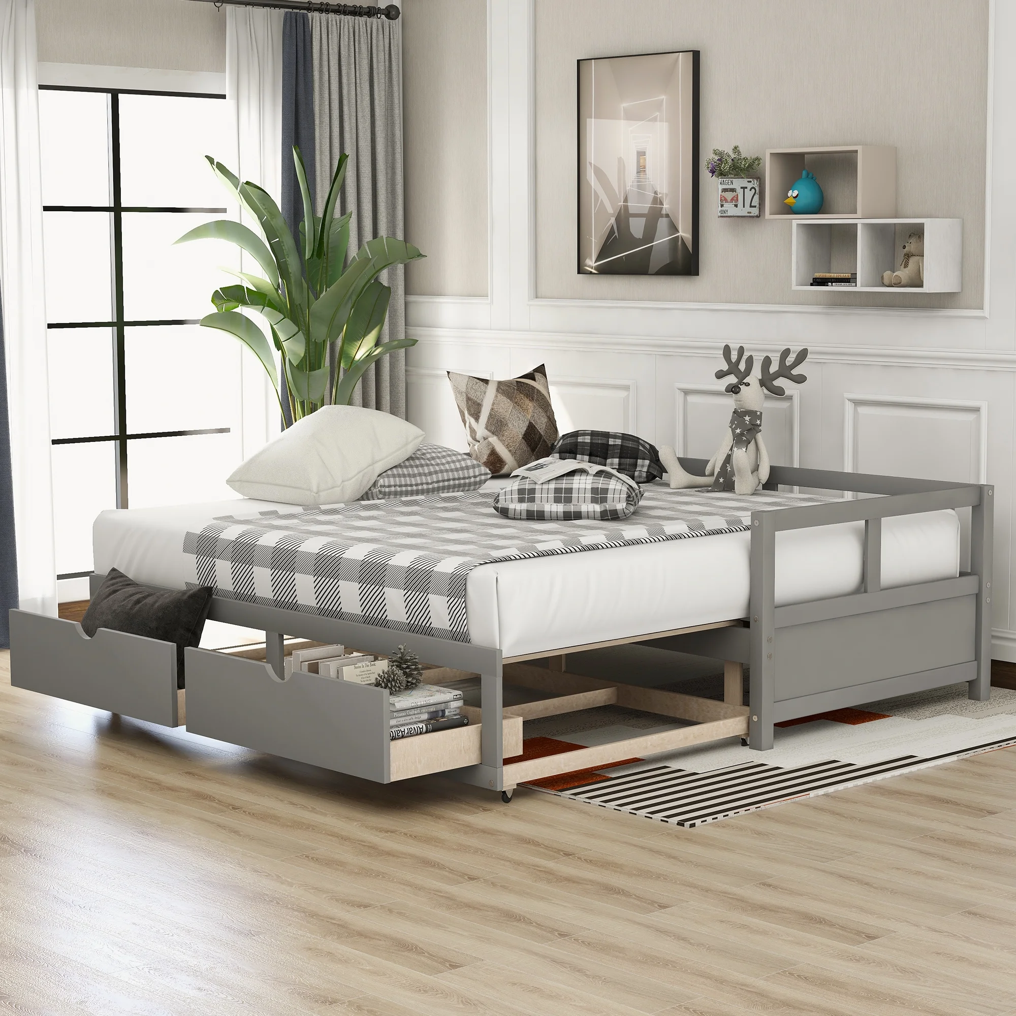 Extendable Bed Daybed Sofa Bed with Trundle and Storage Drawers, Twin to King Size Wooden Daybed for Bedroom Guest Room Living Room (Gray)
