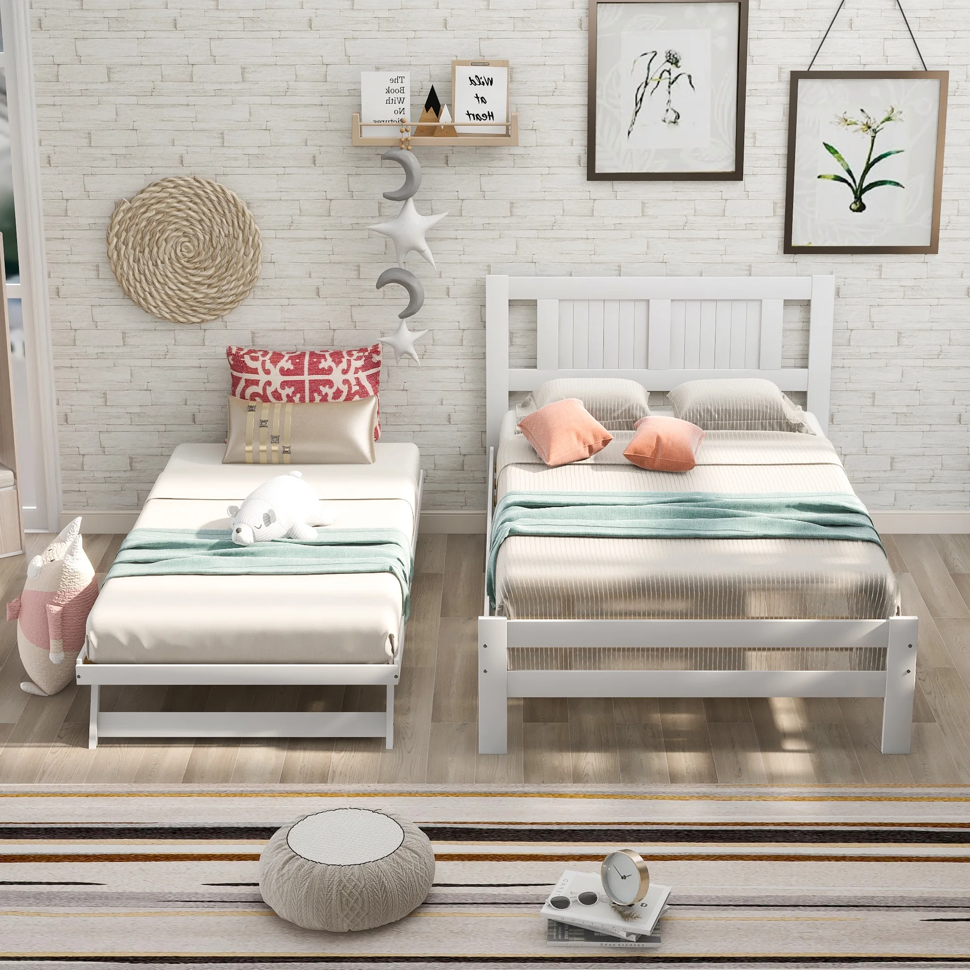 Platform Bed with Adjustable Trundle, Platform Bed with Pull Out Trundle, Solid Wood, Wooden Platform Bed Frame with Headboard