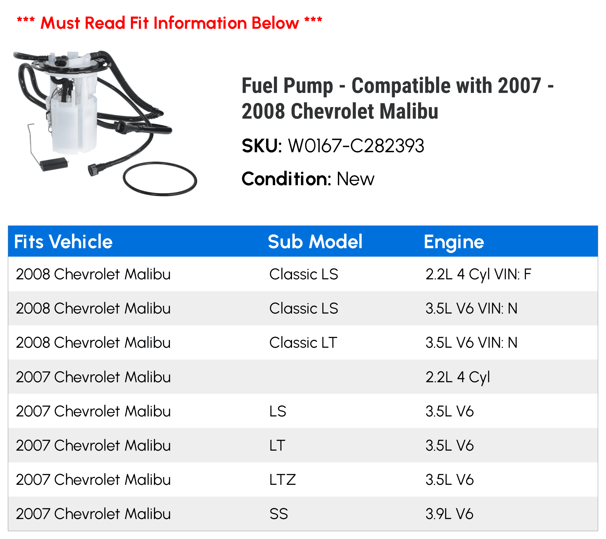 Fuel Pump - Compatible with 2007 - 2008 Chevy Malibu