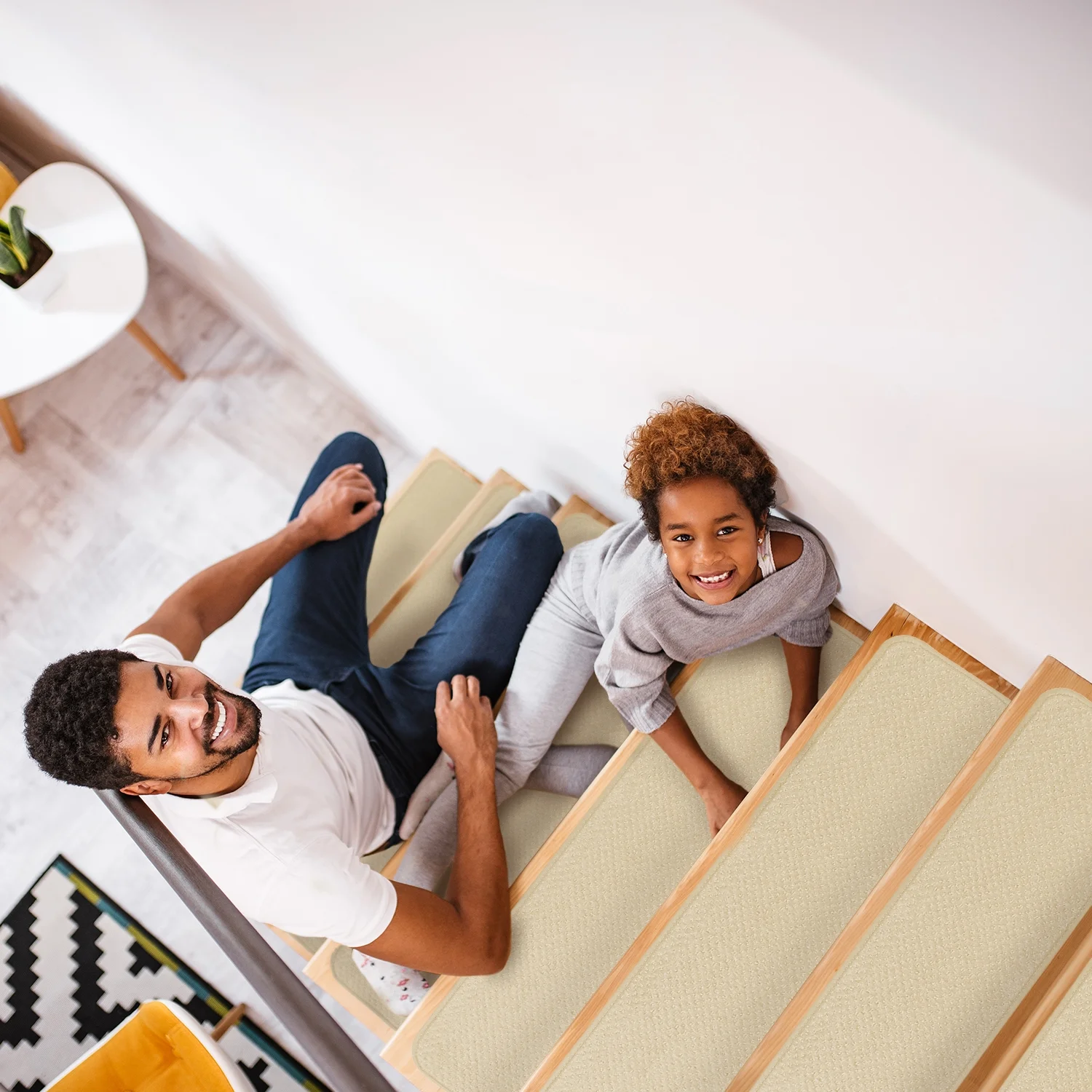 Set of 15 Skid-Resistant Carpet Stair Treads - Ivory Cream - 8 Inches X 23.5 Inches