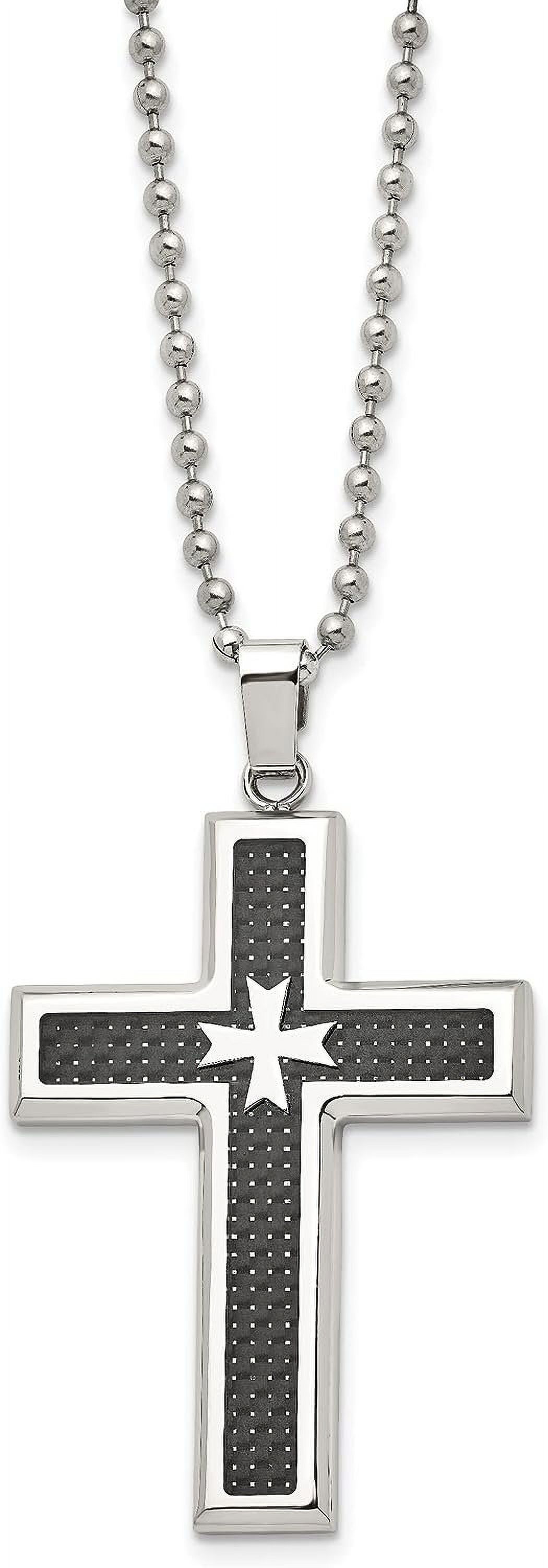 Chisel Stainless Steel Polished with Black Carbon Fiber Inlay Cross Pendant on a Ball Chain Necklace - 22
